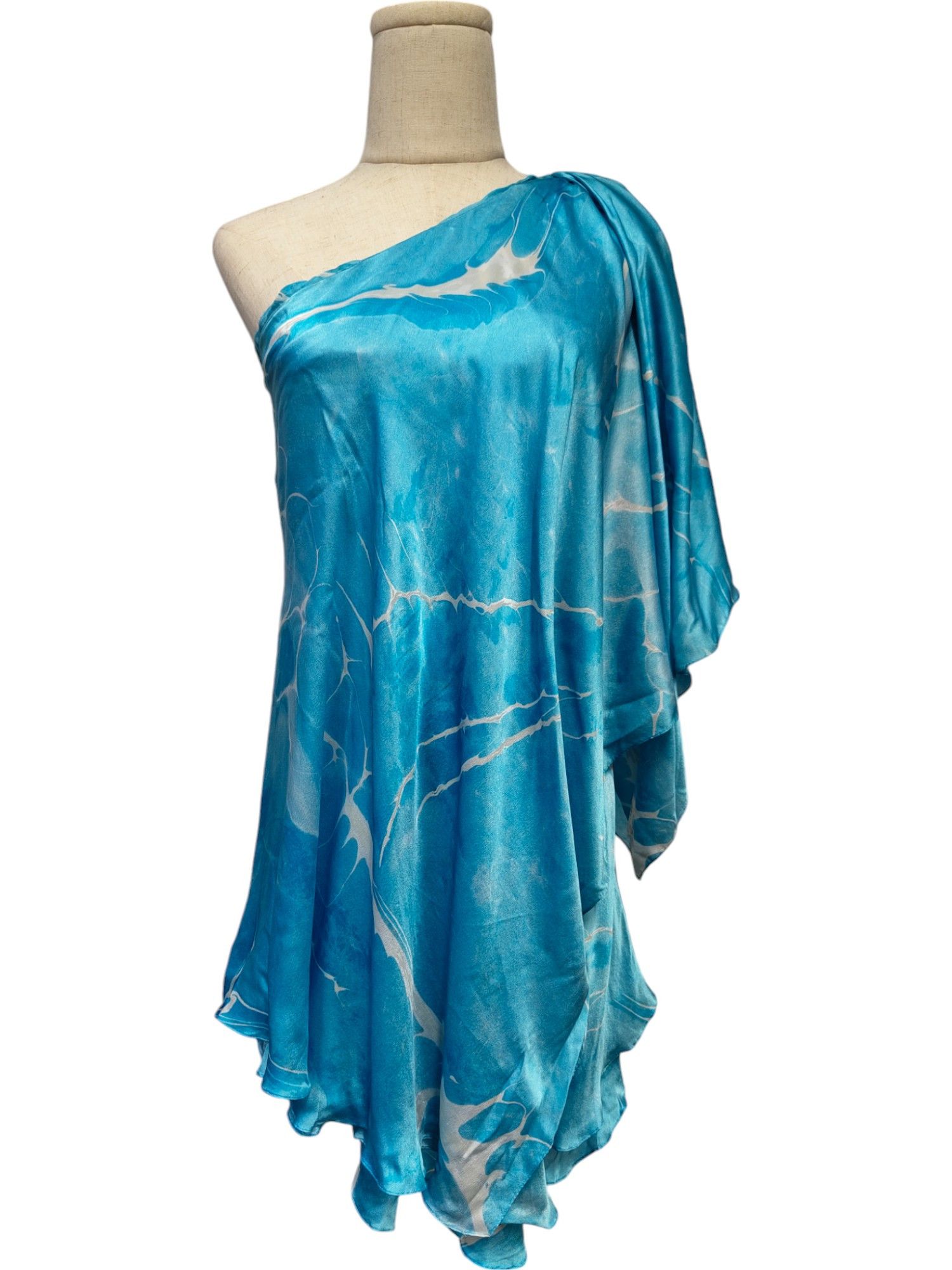Ralph Lauren Sea Waves Print Silk Sleeves One-Shoulder Short Dress Size XS / US 0-2 / IT 36-38 - 1 Thumbnail