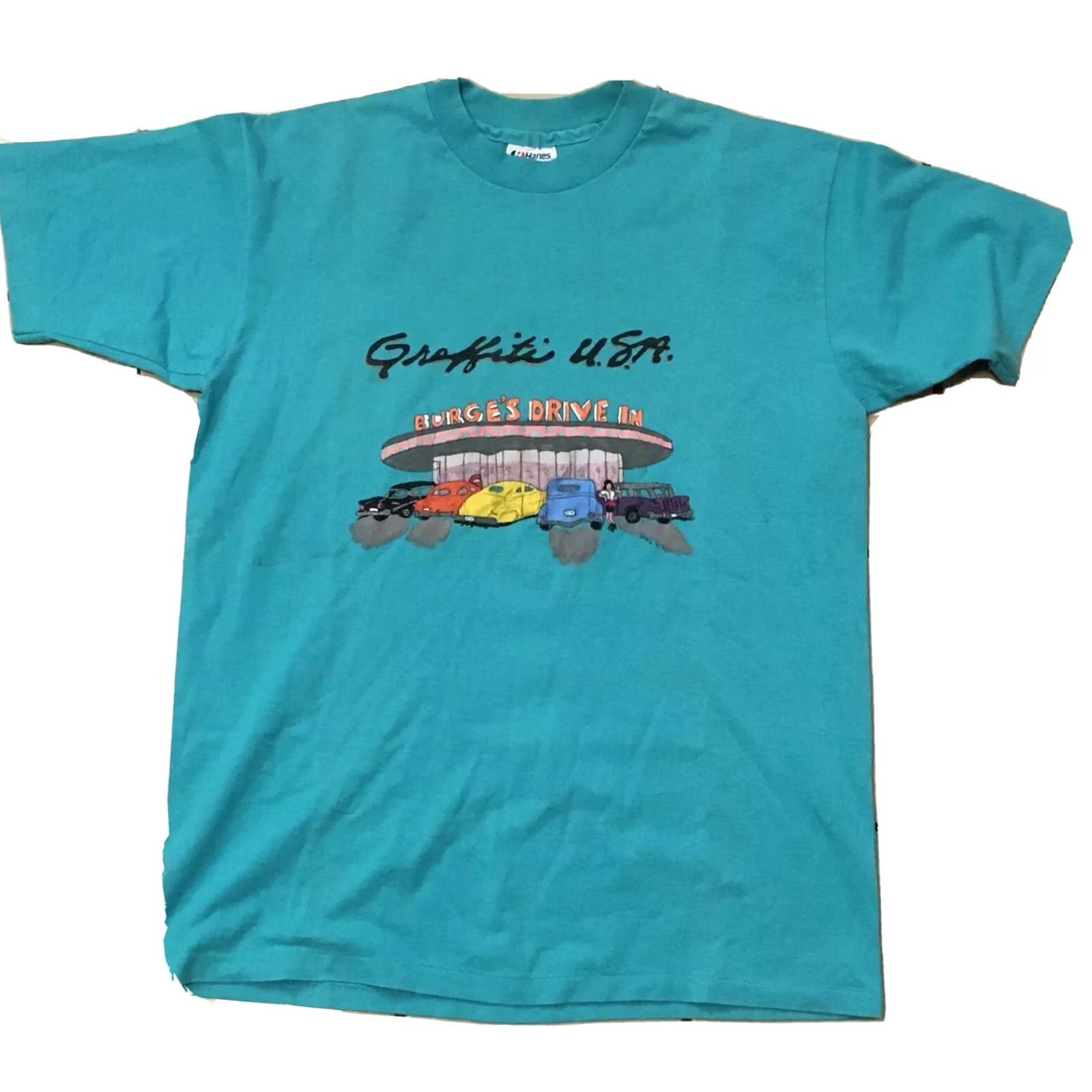 Hanes VINTAGE Hanes Graphic Tee Turquoise 1990s 1990s Burge’s Drive In L Men's Short Sleeve Cotton Blend USA Printed Fifty Fifty Shirt Size US L / EU 52-54 / 3 - 2 Thumbnail