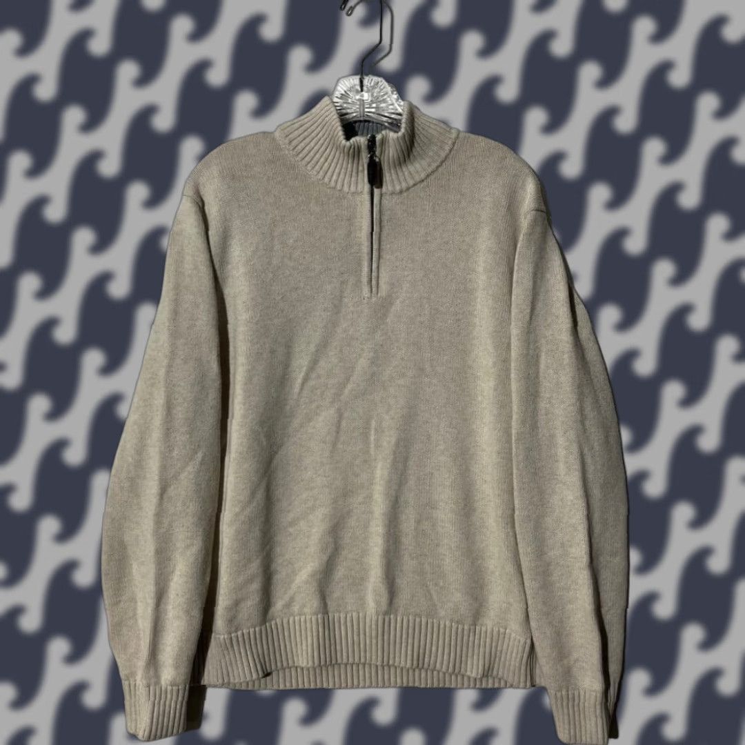 Vintage L.L. Bean Mens Sweater Beige Oatmeal Cotton Knit High Neck Regular Long Sleeve Zip Pullover Casual Outdoor 1 4 Zip 0 All Seasons L Mens Size US L / EU 52-54 / 3 - 1 Thumbnail