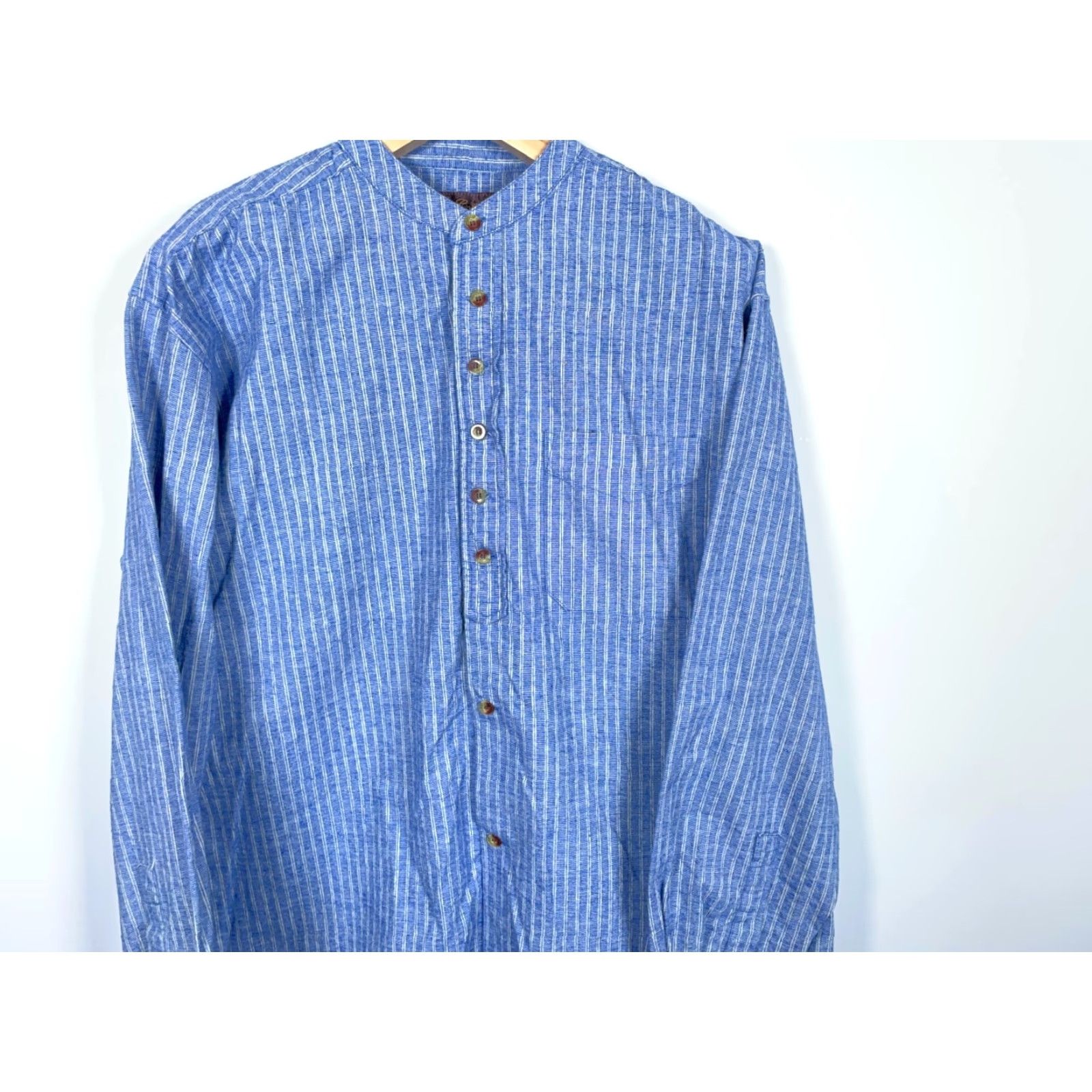 Lee Lee Valley Ireland Grandfather Shirt Men's L Blue Stripe Cotton Band Collar Shirt Size US L / EU 52-54 / 3 - 4 Thumbnail