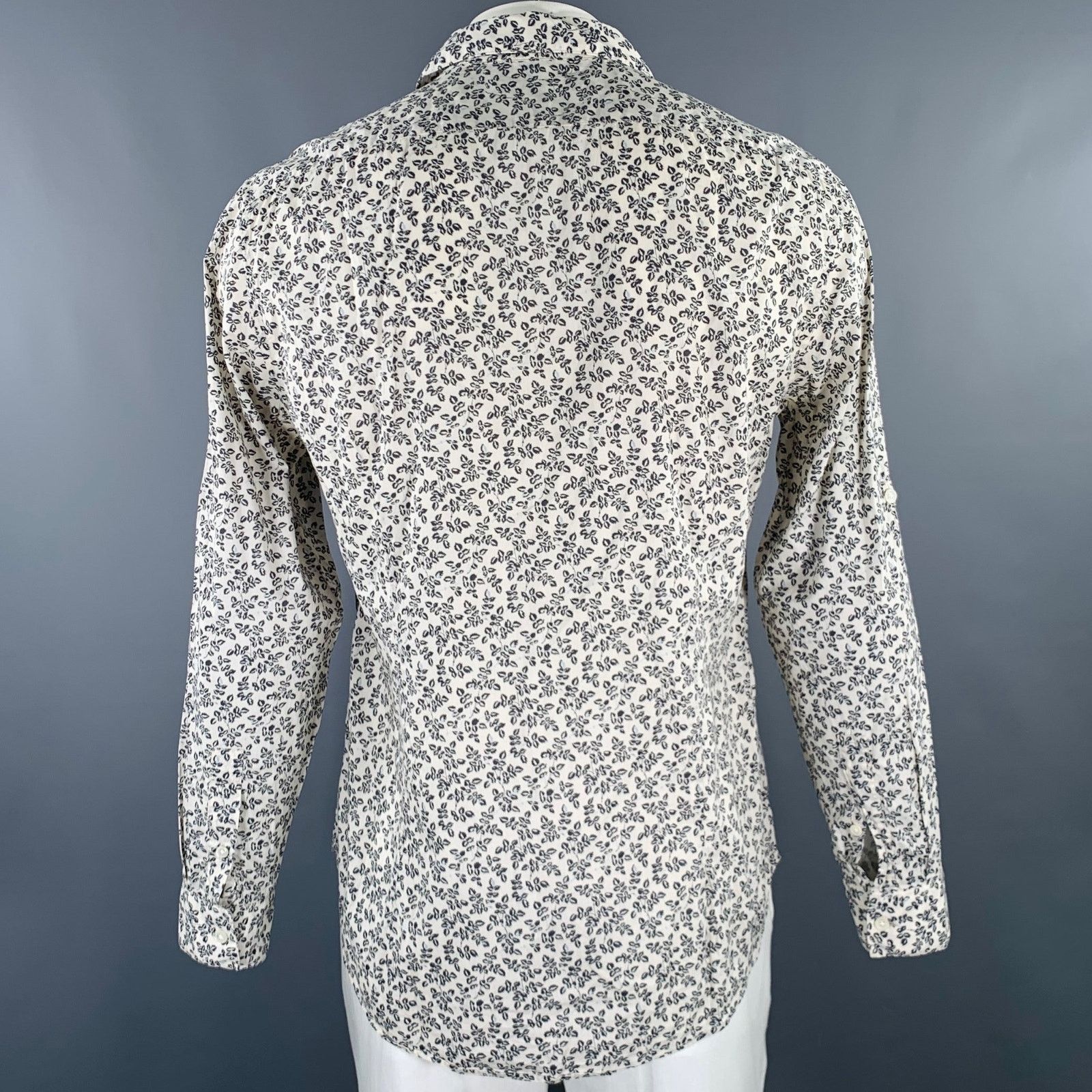 John Varvatos Off White Navy Leaves Cotton One Pocket Long Sleeve Shirt Size US L / EU 52-54 / 3 - 6 Thumbnail