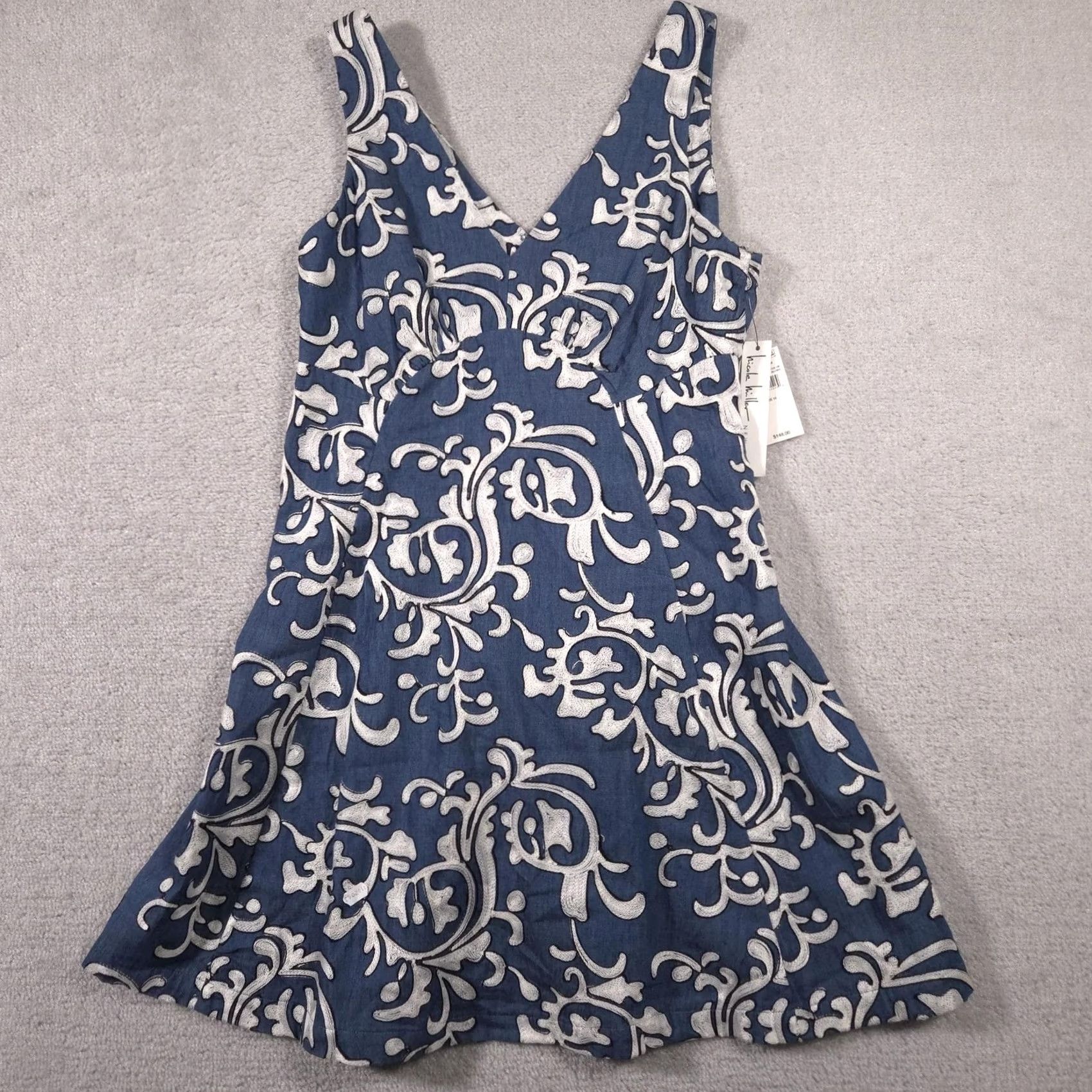 Nicole Miller Nicole Miller Dress Womens 10 Blue White Embroidered Fit & Flare Sleeveless V Neck Dress Size L / US 10 / IT 46 - 2 Thumbnail