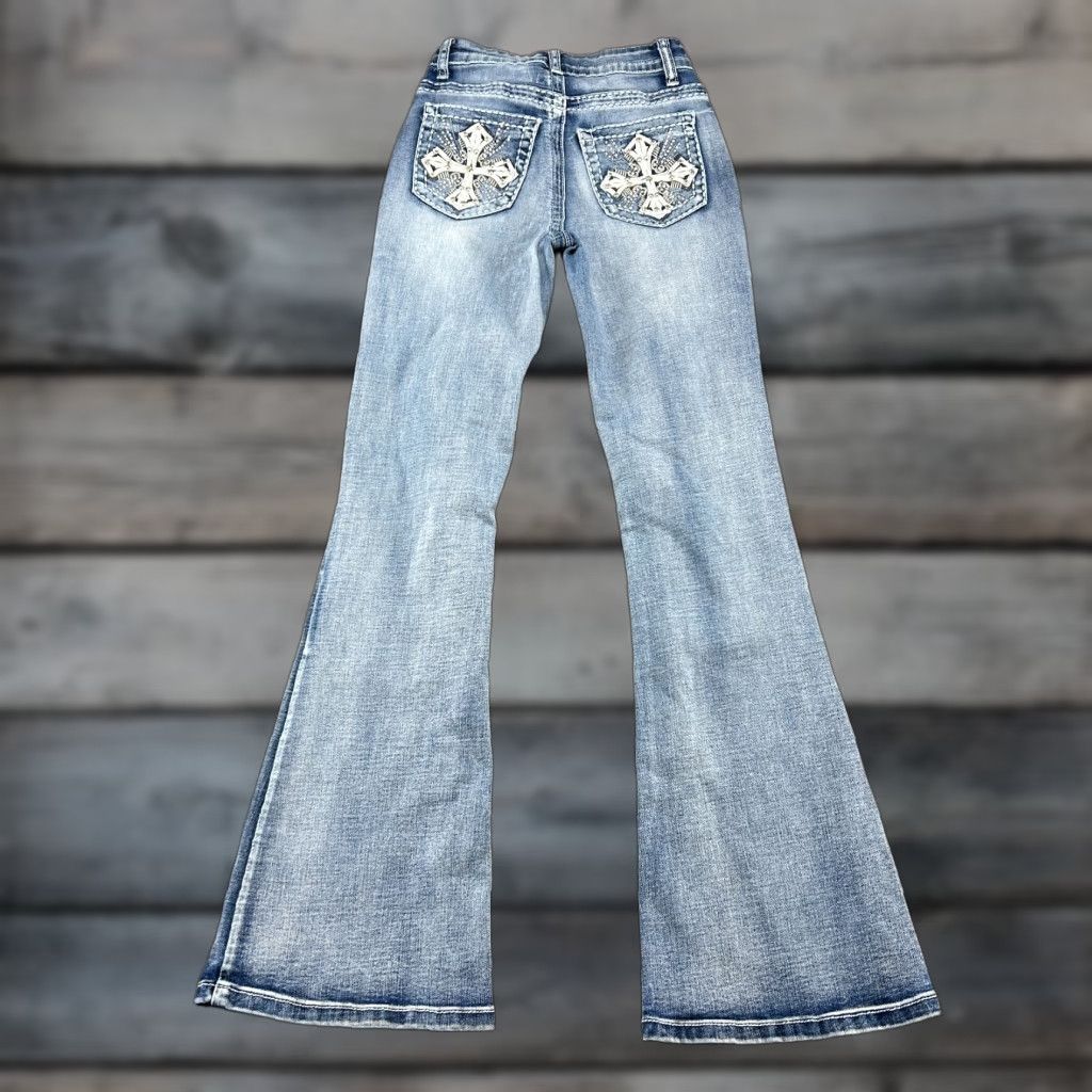 Vintage VINTAGE Jeans Womens 1 Blue Bootcut Flare Thick Stitch Studded 90s Grunge Denim Cotton 5-Pocket Inseam 31 Y2Kściej Size 42" / US 20 - 1 Thumbnail