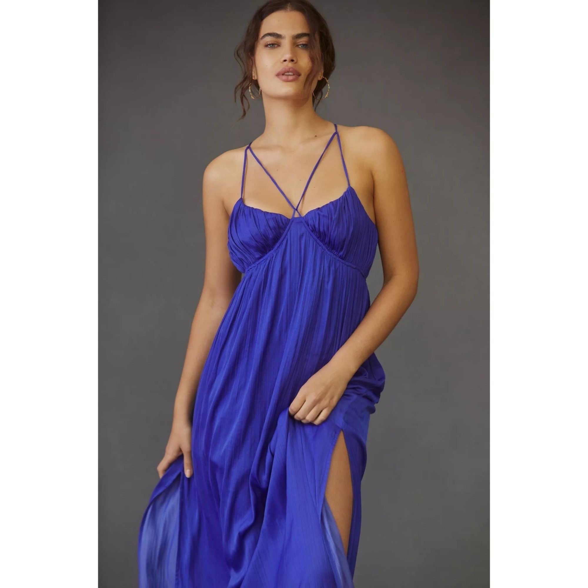Anthropologie Blue Strappy Halter Slit Maxi Dress