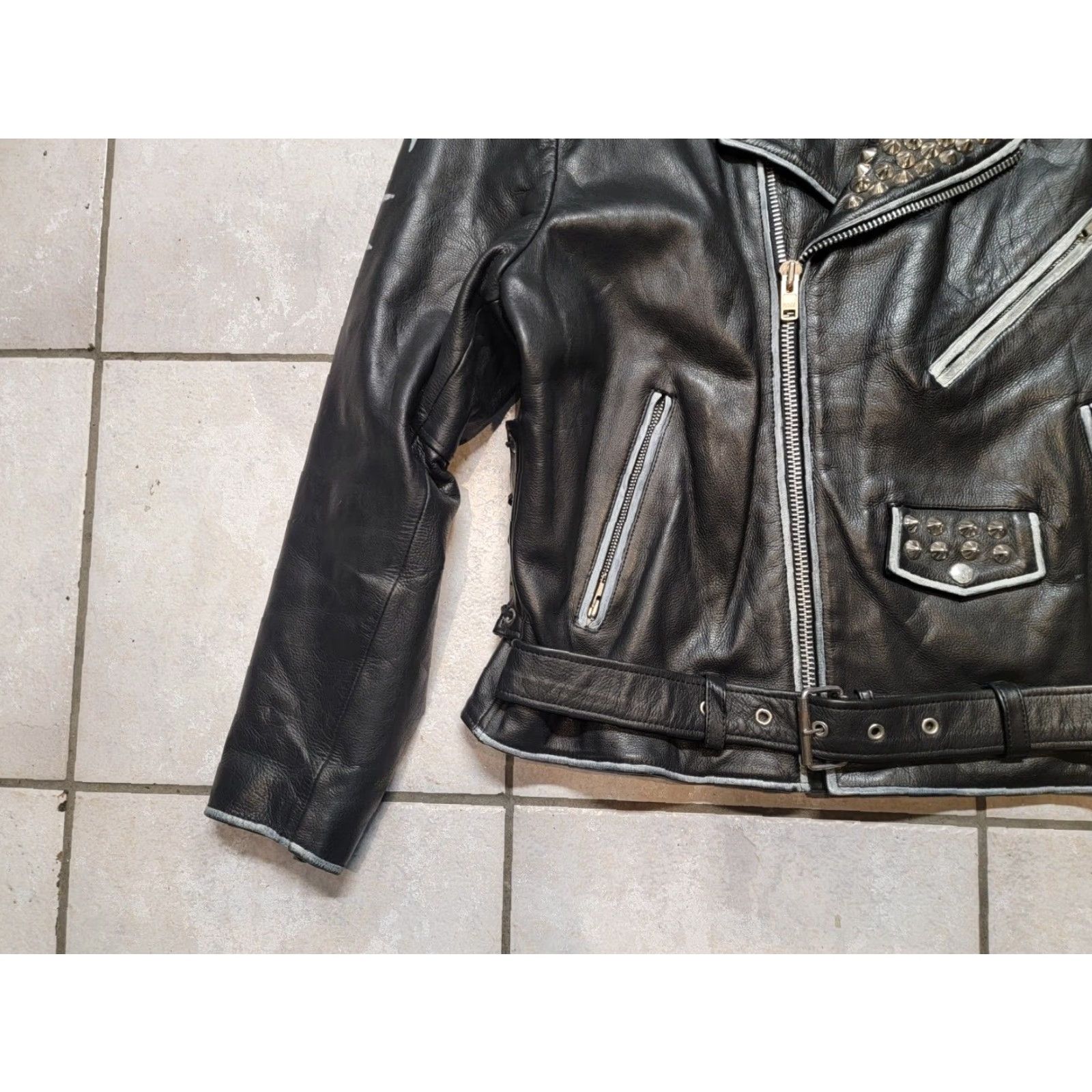 Wilson VINTAGE WILSON PUNK METAL TRASH PAINT MOTORCYCLE LEATHER JACKET XLARGE Jacket Mens Leather Black 90s Size US XL / EU 56 / 4 - 6 Thumbnail