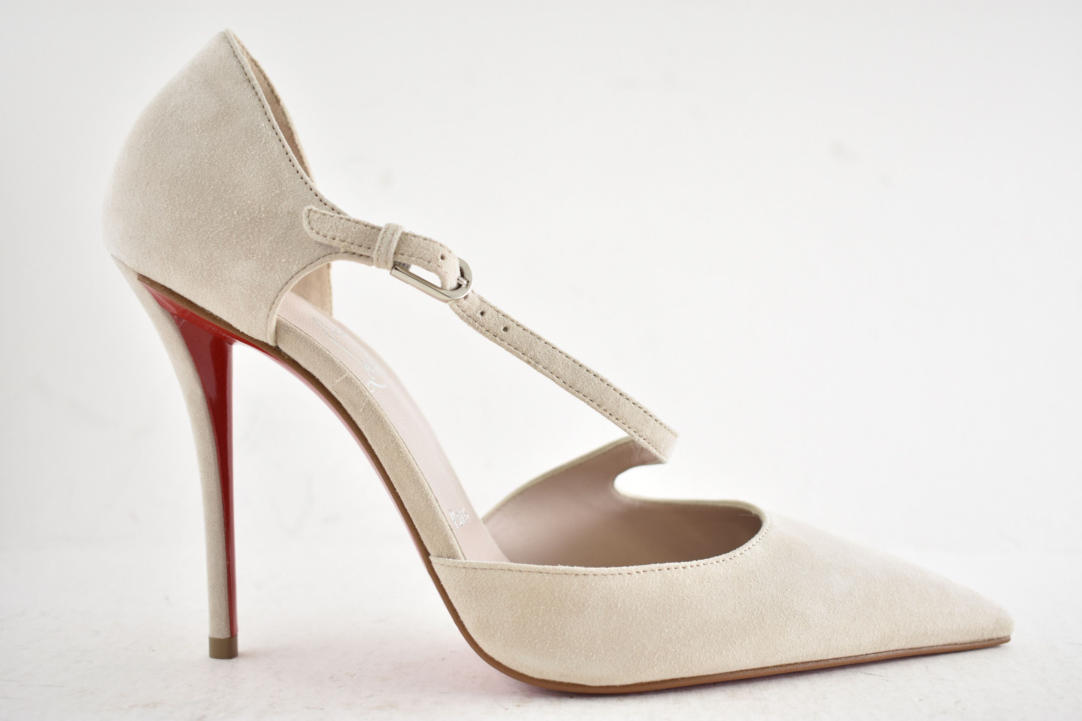 Christian Louboutin Miss Ziggyta 100 Pearl Beige Suede Strap Heel Pump 39.5 Size US 9.5 / IT 39.5 - 2 Thumbnail