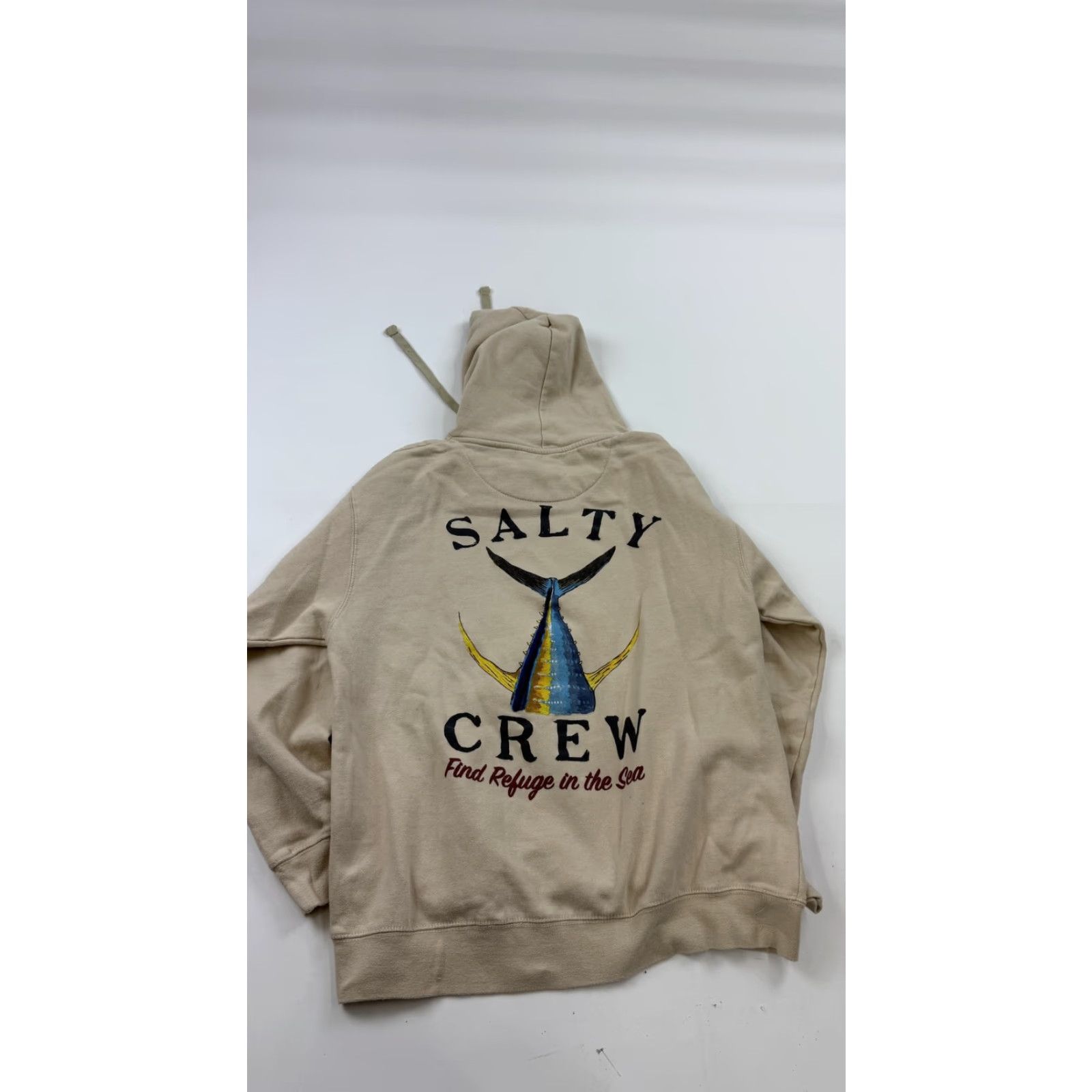 Vintage VINTAGE Salty Crew Hoodie Mens M Tan Pullover Graphic Find Refuge in the Sea Back Fish Tail Logo Pockets Hooded Size US M / EU 48-50 / 2 - 7 Thumbnail