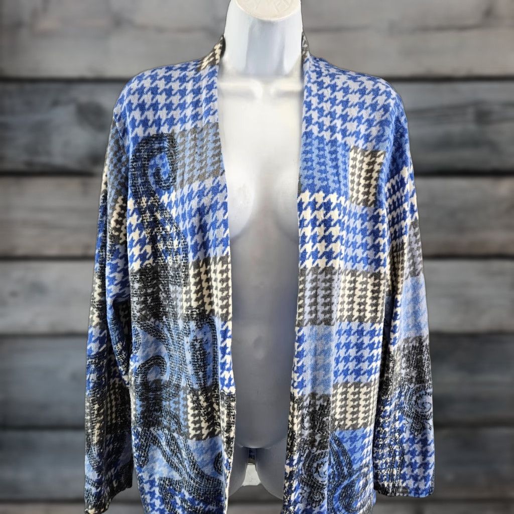 Talbots Talbots Cardigan Wool XL Womens Long Sleeve Blue Gray Houndstooth Merino Open Sweater Size XL / US 12-14 / IT 48-50 - 1 Thumbnail