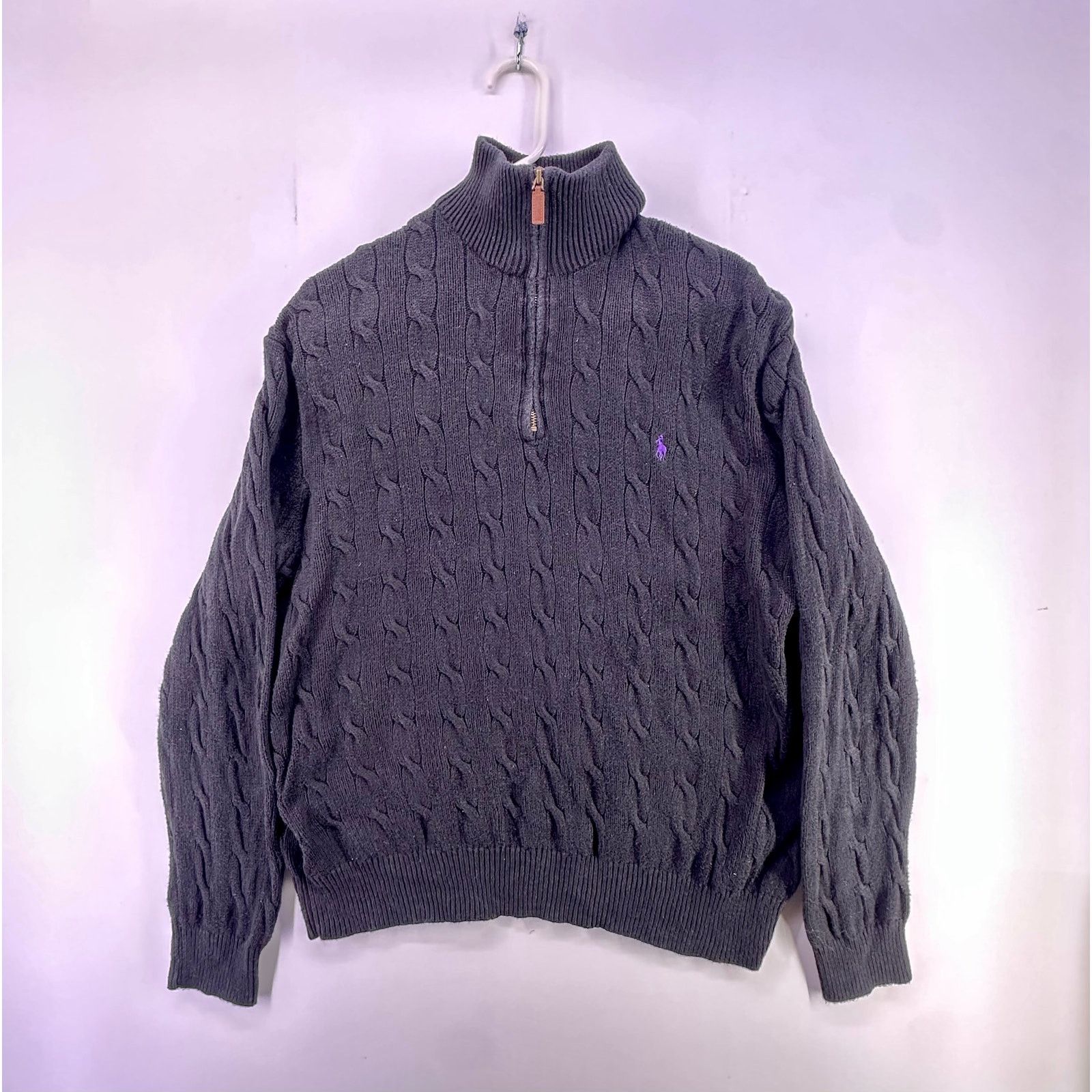 Polo Ralph Lauren Polo Ralph Lauren Black Cable Knit 1/4Zip Purple Pony SizeXL Size US XL / EU 56 / 4 - 1 Thumbnail