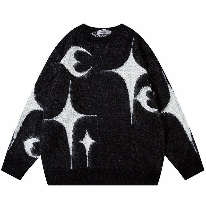 image of Coloured Cable Knit Sweater Men's Star Moon Graphic Knitted Sweater in Black (Size 2XL)