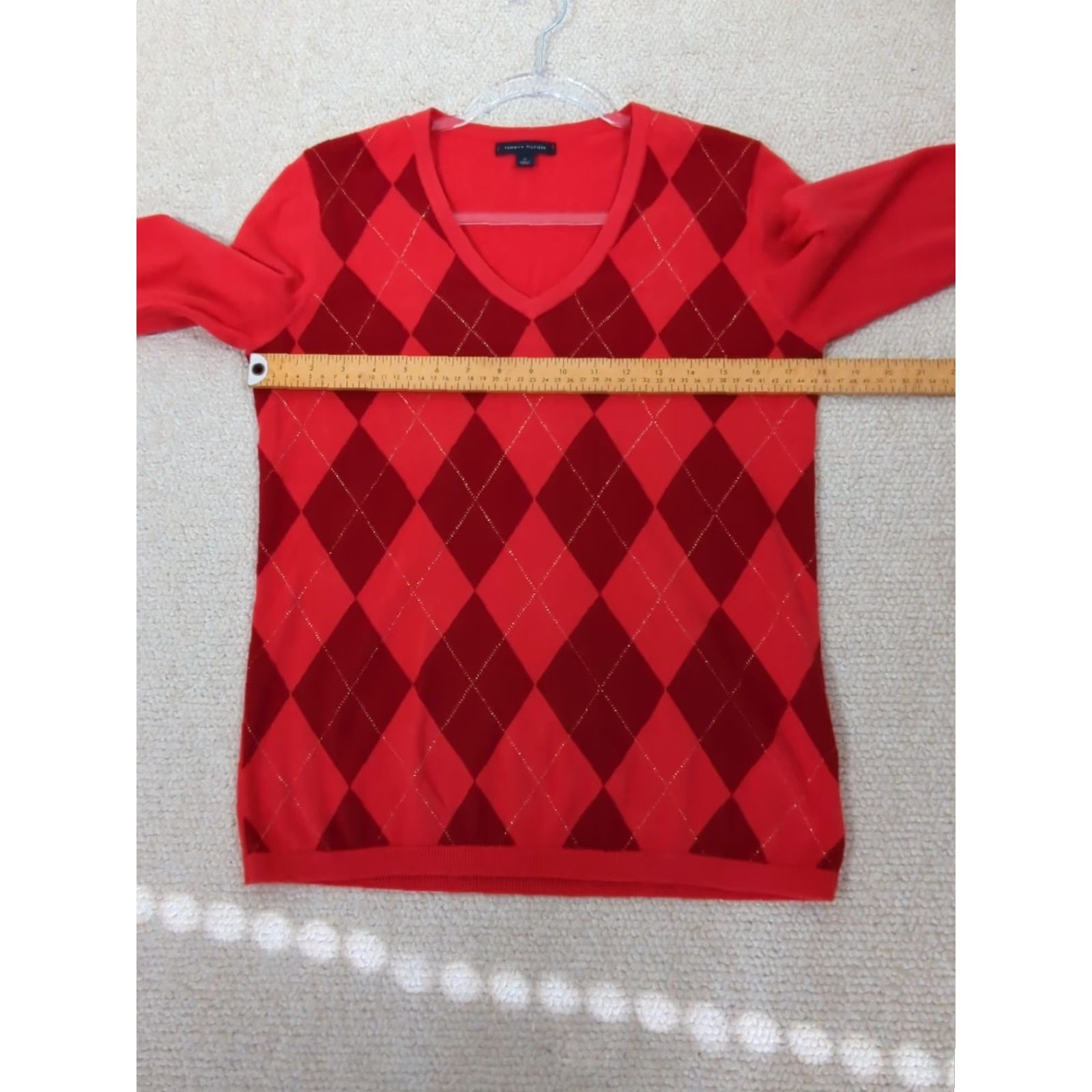 Tommy Hilfiger Tommy Hilfiger Womens M Argyle Diamond V-Neck Cotton Knit Sweater Pullover Long Sleeve Logo Embroidered Orange Red Size M / US 6-8 / IT 42-44 - 7 Thumbnail