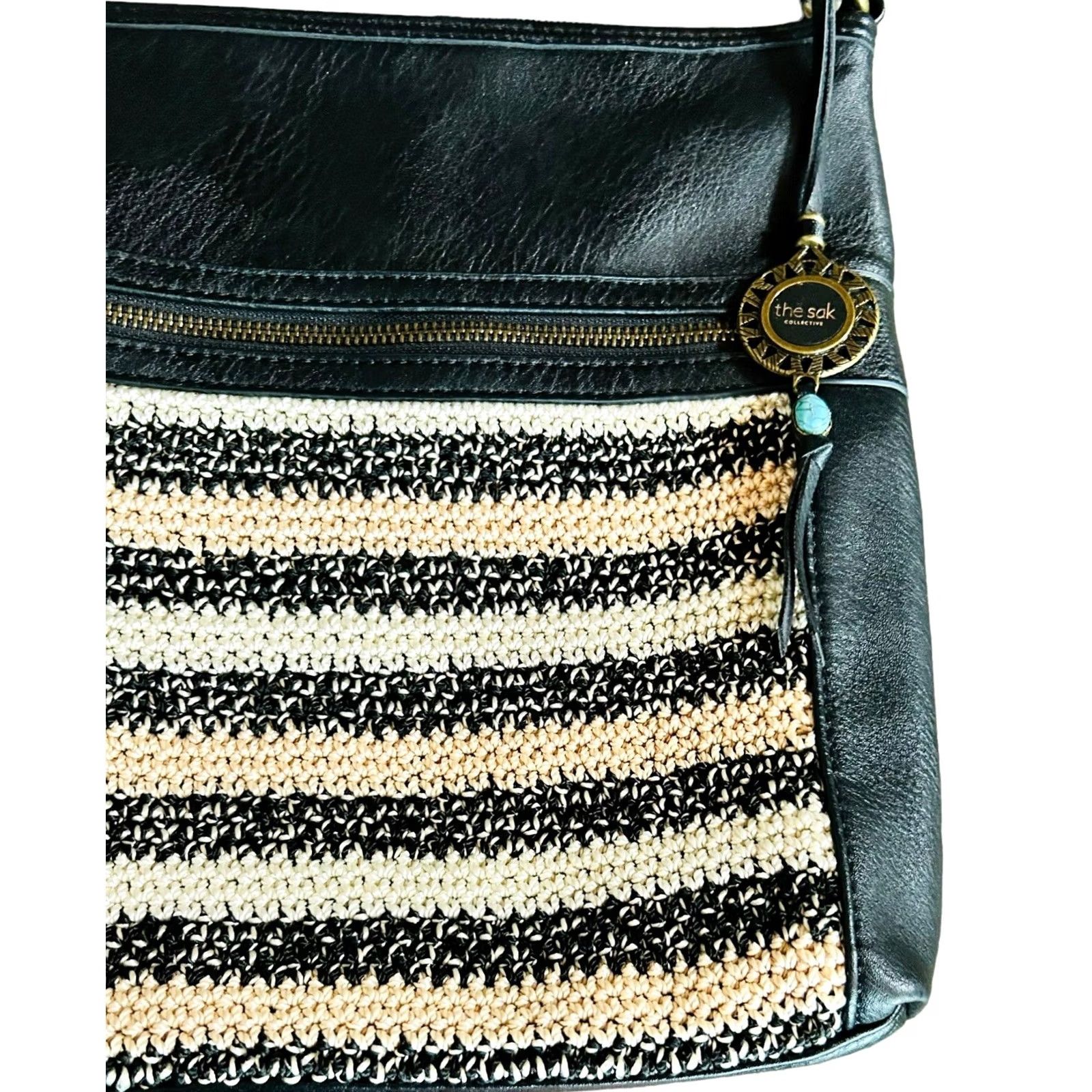 The Sak VINTAGE The Sak Black Faux Leather Hobo Bag Shoulder Purse Crochet Trim Boho Women’s Size ONE SIZE - 4 Thumbnail