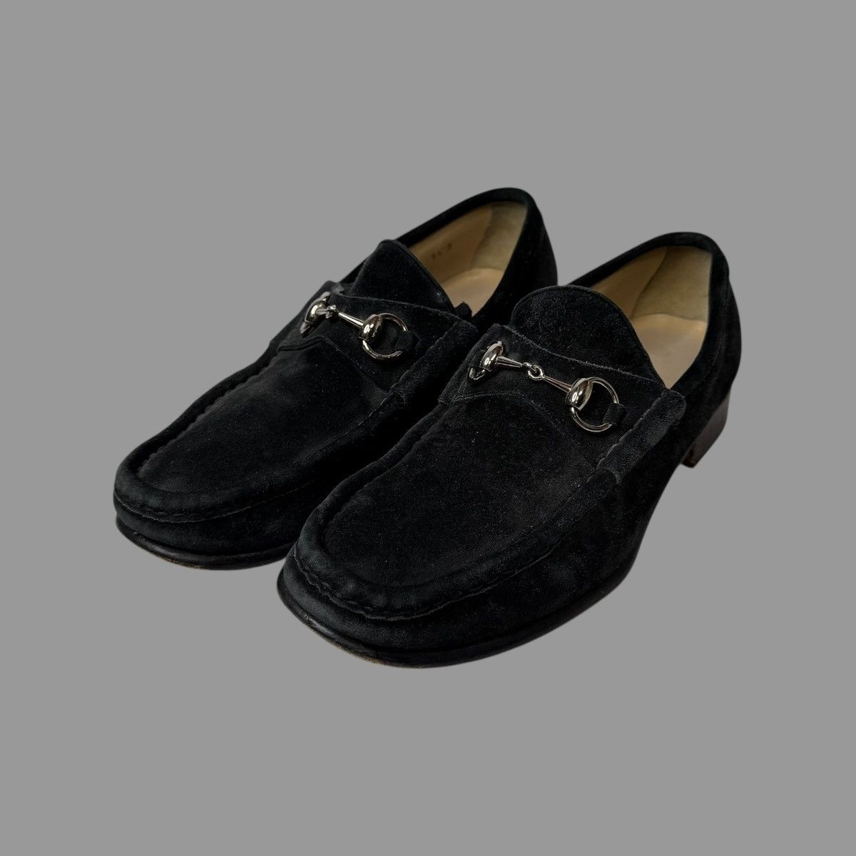 Gucci black suede leather horse bit loafers