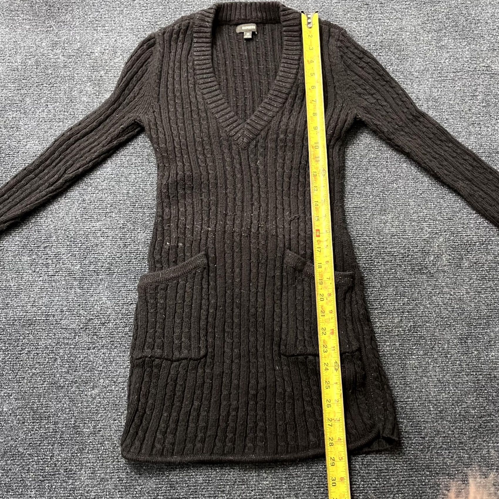 Express VINTAGE Express Sweater Tunic Womens XS Black Cable-Knit V-Neck Angora Long Dress Size XS / US 0-2 / IT 36-38 - 7 Thumbnail