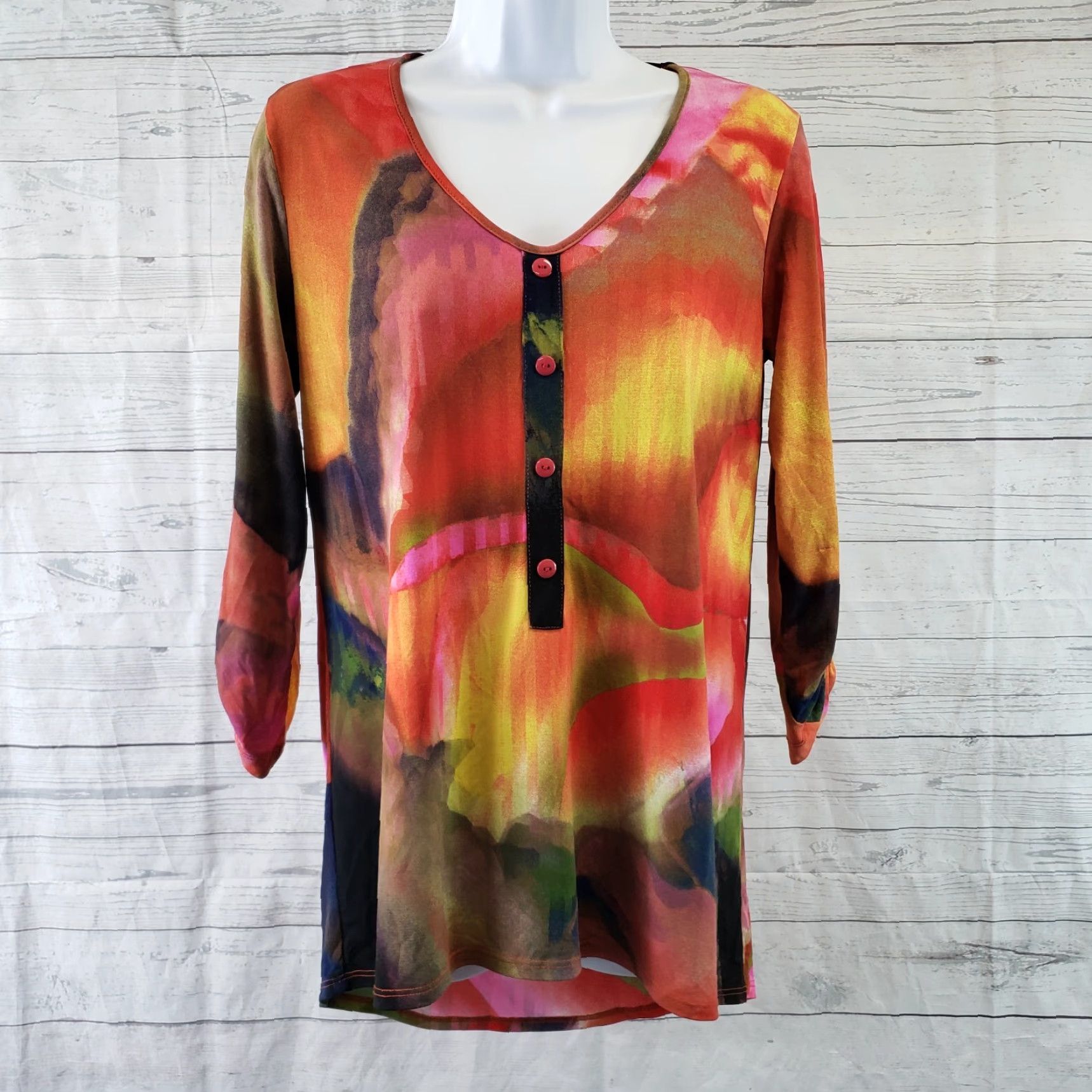 Vintage Clara Sun Woo Womens Top XS Red Orange 3/4 Sleeve Blouse Pullover Tunic Polyester Blend Size XS / US 0-2 / IT 36-38 - 2 Thumbnail