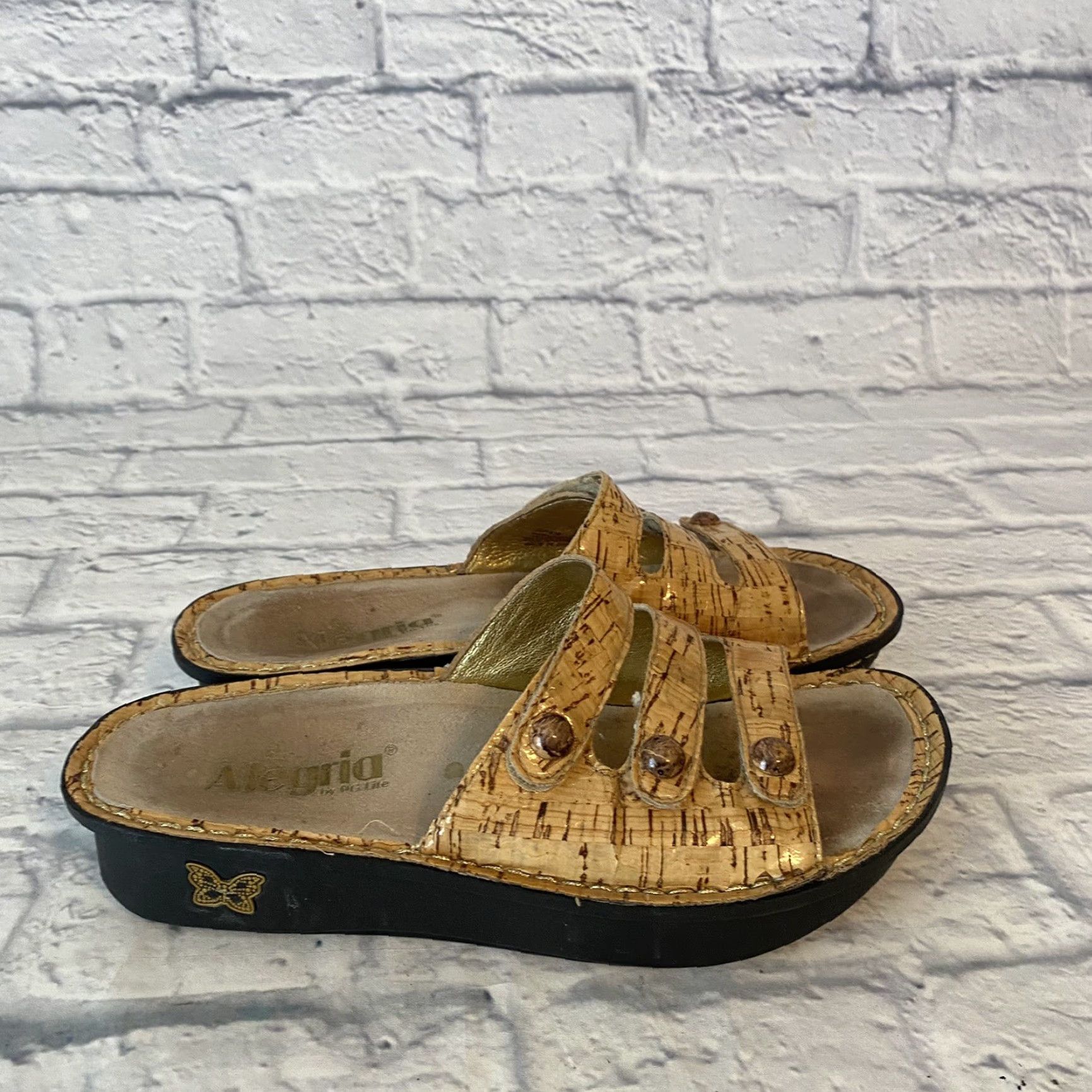 Vintage Alegria Algeria Fiona F10-418 Leather Cork Print 3 Strap Slide Sandals Beige 38/US 7.5 Cork Pattern Casual Women Size US 8 / IT 38 - 2 Thumbnail