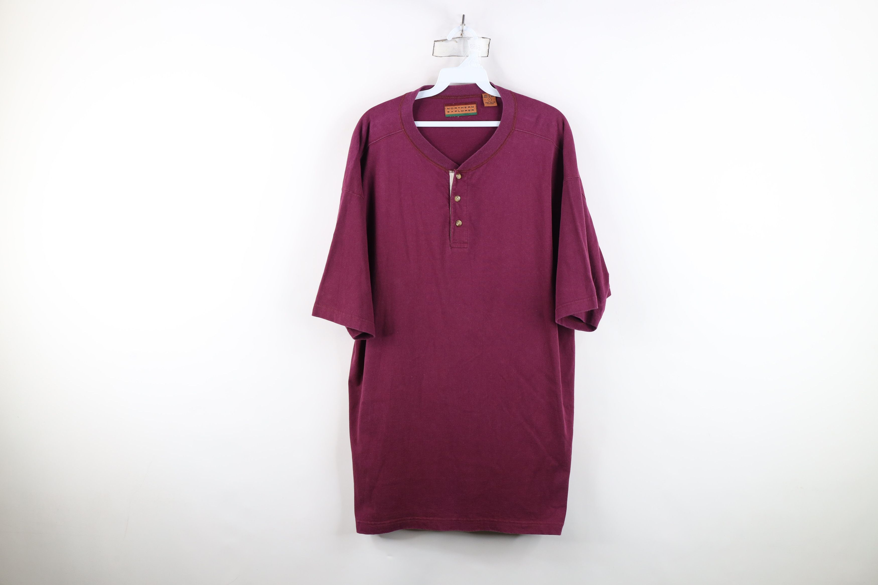 Vintage Vintage 90s Streetwear Blank Baggy Fit Henley T-Shirt Maroon Size US L / EU 52-54 / 3 - 1 Thumbnail