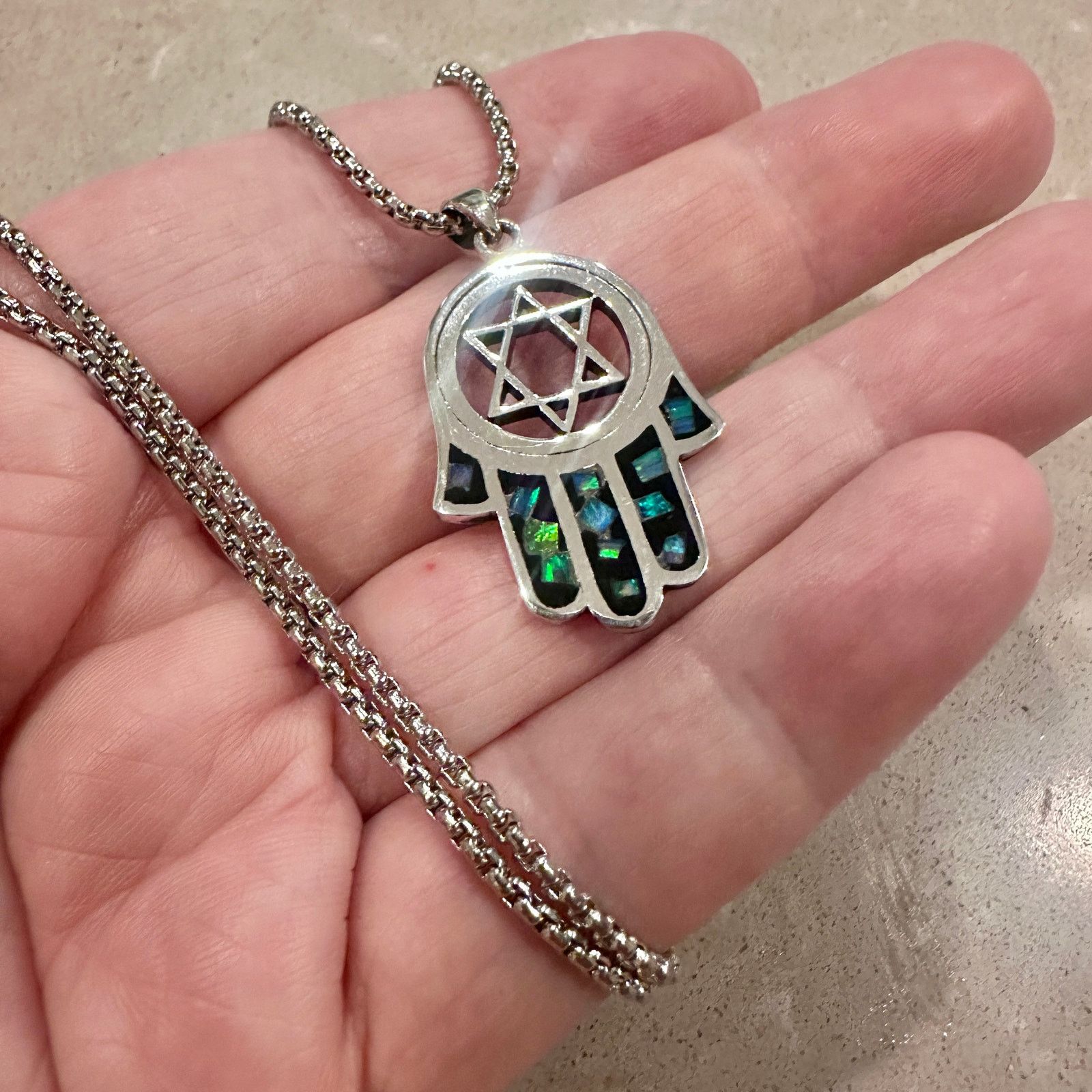 The Unbranded Brand Sterling Silver Hamsa Pendant with Lab Opal & Star of David Size ONE SIZE - 3 Thumbnail
