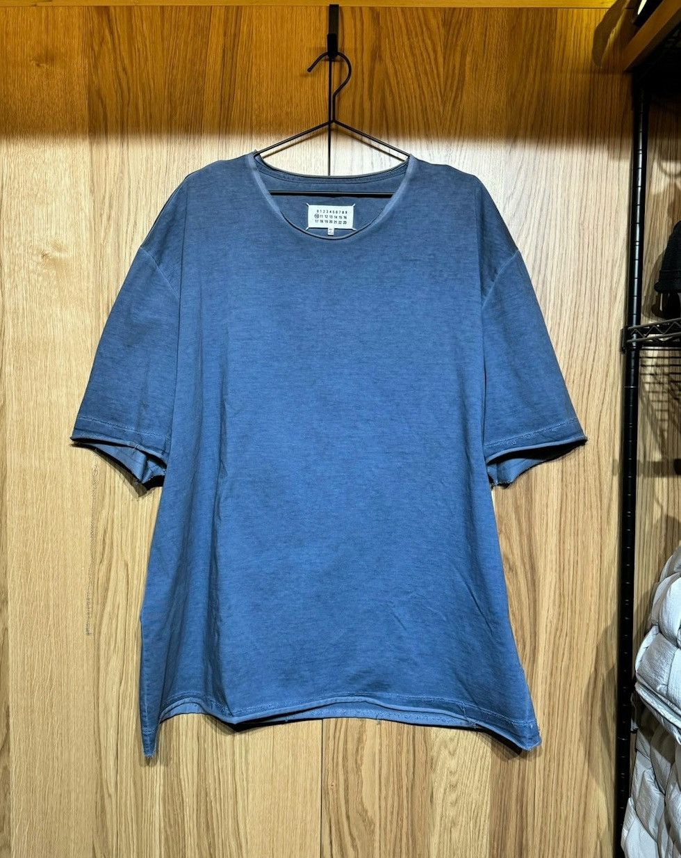 image of Maison Margiela $392 Ss22 Distressed Raw Hem Destroyed Overdye T Shirt in Blue, Men's (Size Large)