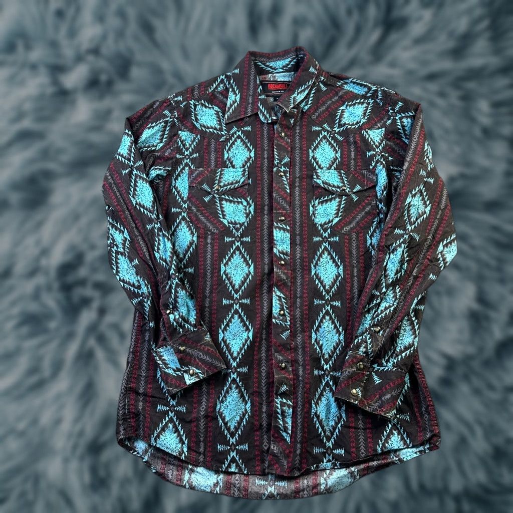 Denime Rock & Roll Denim Shirt Mens M Blue Cotton Button-Up Western Geometric Pattern Snap Collar Long Sleeve Casual Southwestern Cowboy Vintage No Size US M / EU 48-50 / 2 - 1 Thumbnail