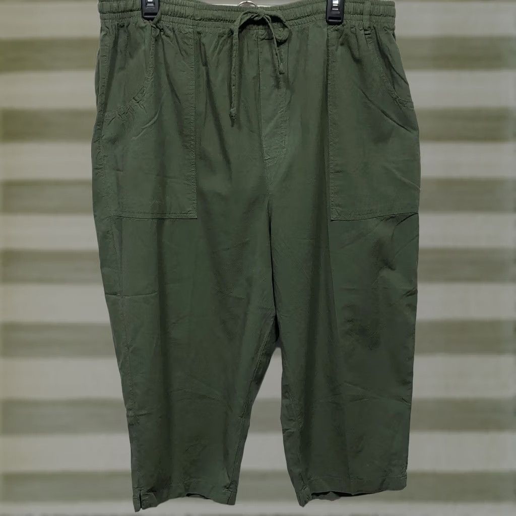 Basic Editions VINTAGE Basic Ed Capri Pants 1X Green Crinkle Cotton Elastic 36" Waist Pockets Womens Size 40" / US 18 - 1 Thumbnail