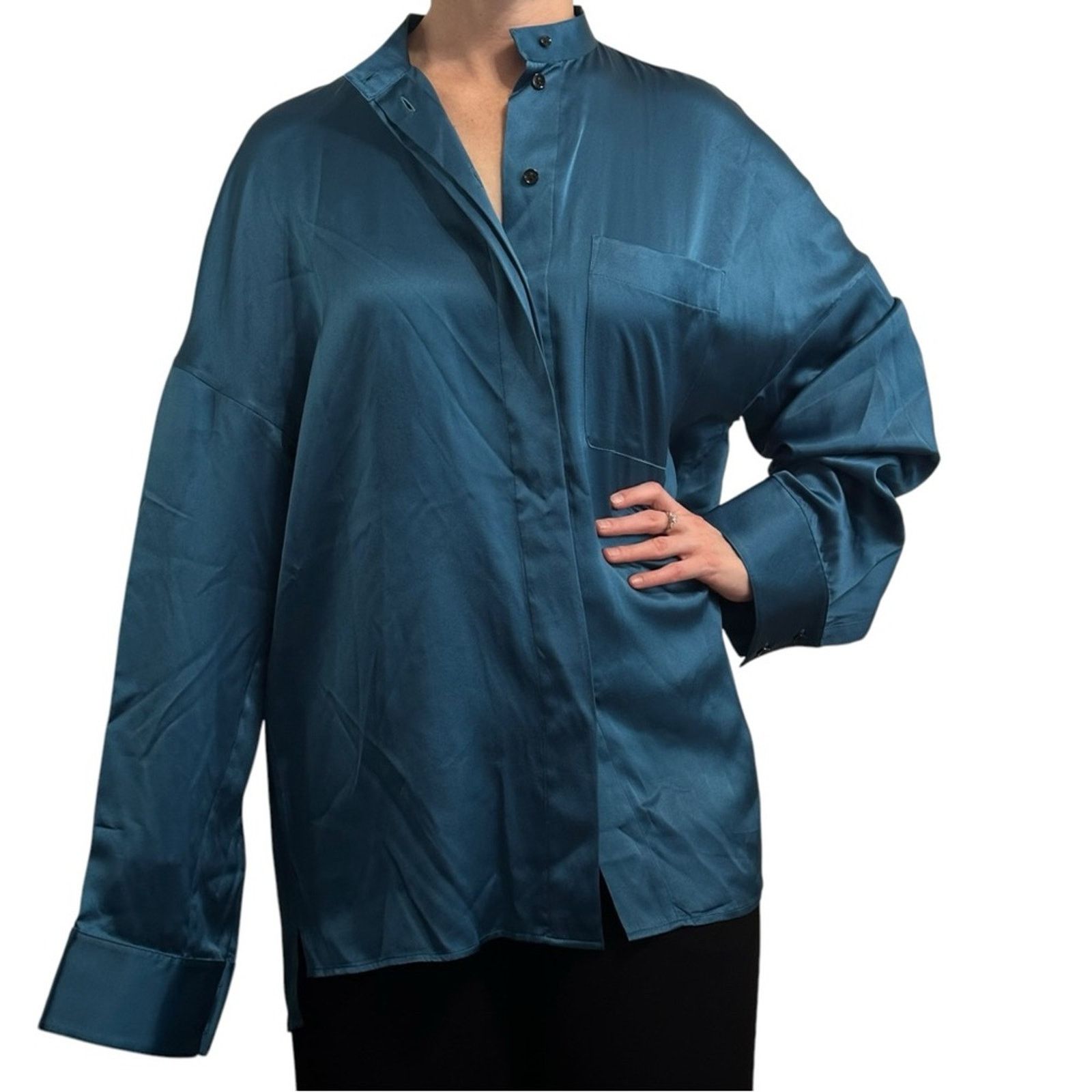 Haider Ackermann Peacock Teal Silk Charmeuse Oversized Shirt FR 34 Authentic Size XS / US 0-2 / IT 36-38 - 4 Thumbnail