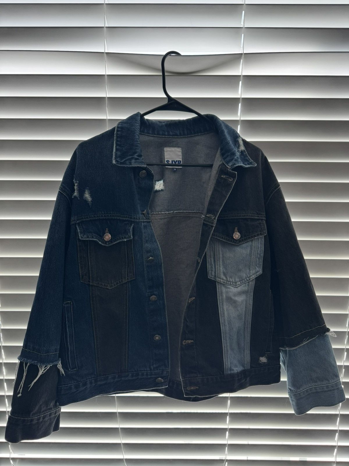 SJYP Multi Tone Patch Distressed Denim Jacket