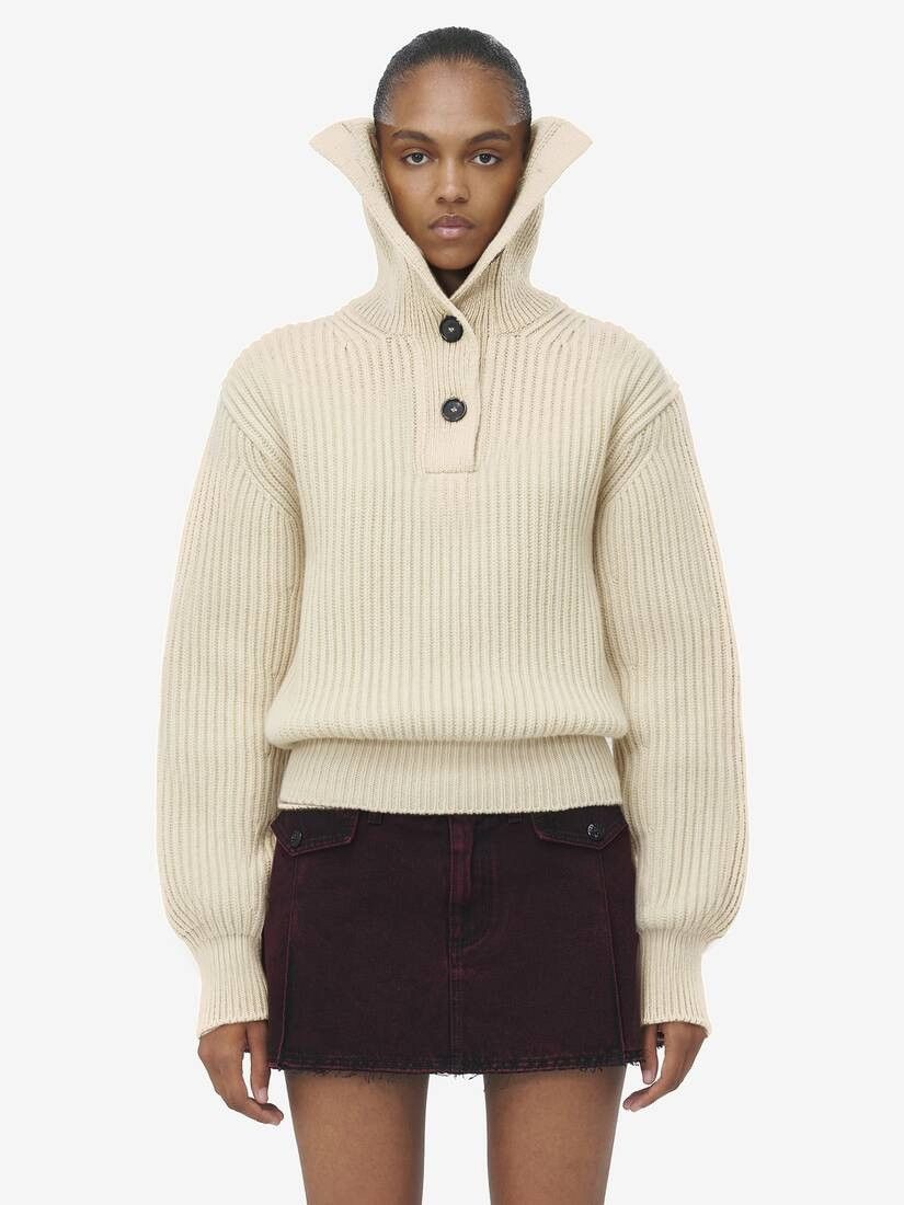 Alexander McQueen o1srvl11e0226 Buttoned Neck Jumper In Ivory Size S / US 4 / IT 40 - 2 Thumbnail