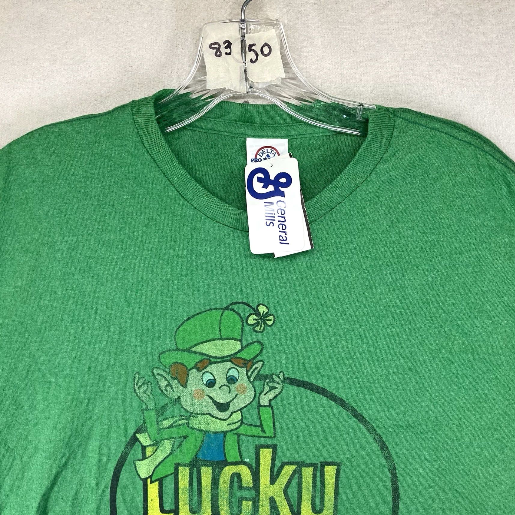 Vintage VINTAGE Delta Pro Weight Mens T-Shirt Green Large Crew Neck Short Sleeve Graphic Print Retro Lucky Charms Size US L / EU 52-54 / 3 - 7 Thumbnail