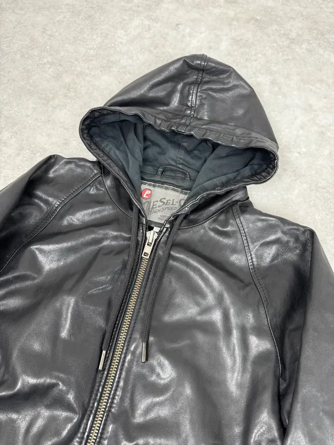 Diesel 2000s Diesel Black Leather Hood Zip-Up Jacket Size US M / EU 48-50 / 2 - 6 Thumbnail