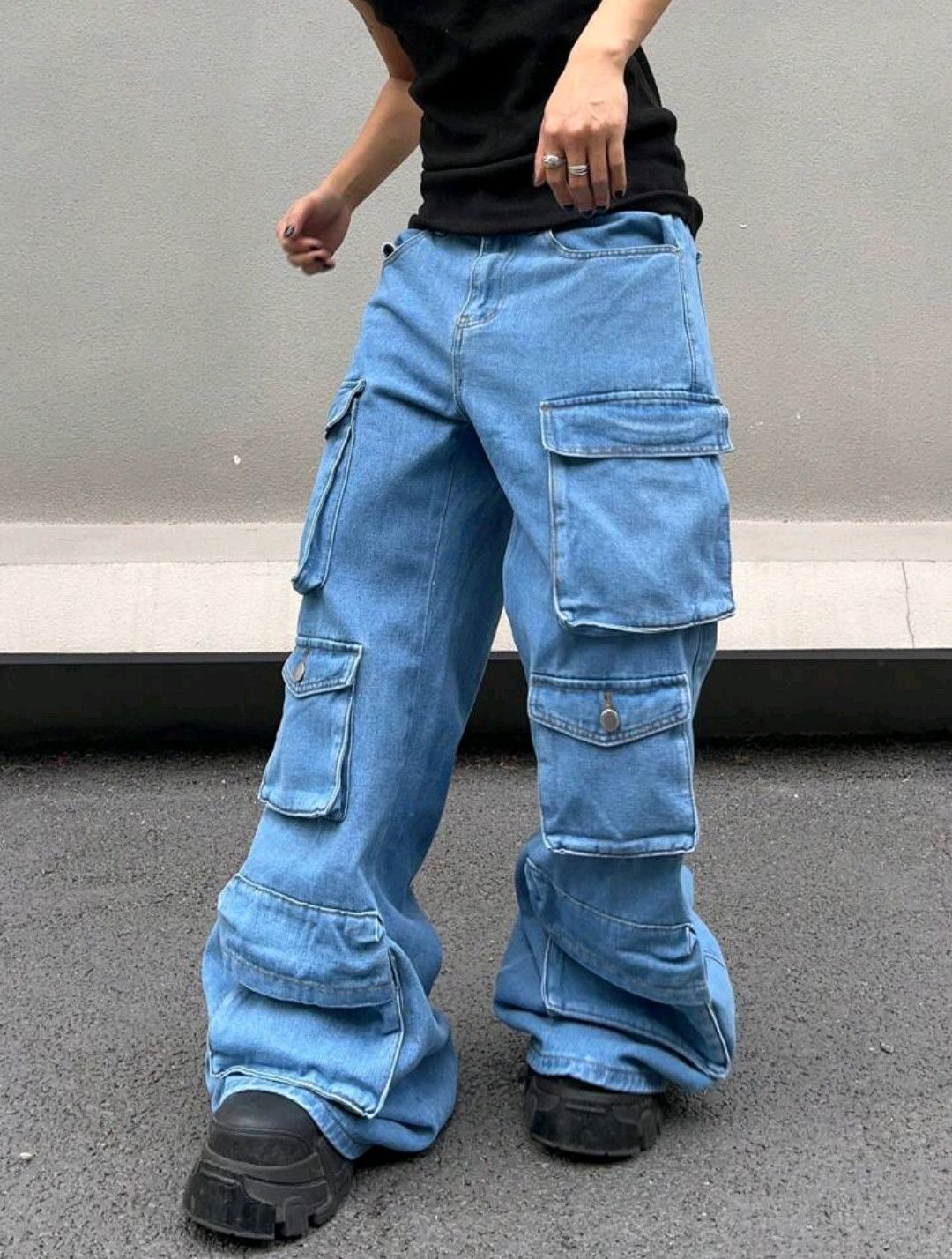 Japanese Brand × Jean Loose Fit Cargo Pocket Jeans Oversize Long Washed Plain Y2K Size US 37 - 5 Thumbnail