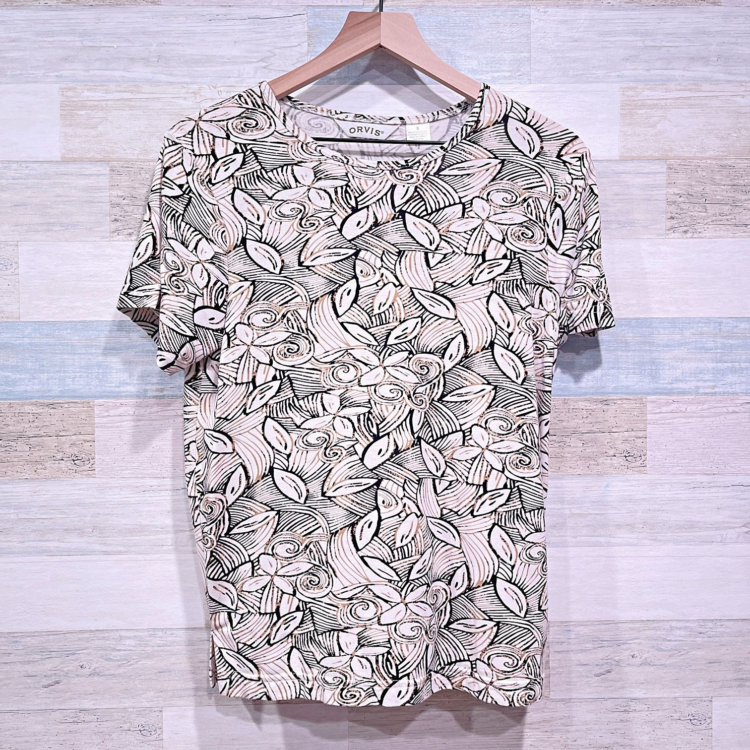 Orvis × Vintage ORVIS Stretchy Ribbed Knit Top Beige Leaf Print Womens Small Size S / US 4 / IT 40 - 1 Thumbnail