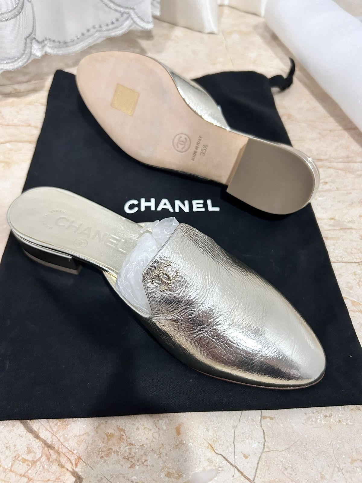 Chanel chanel silver mule authentic brand new 35.5 (for 35 or 34.5) Size US 4.5 / IT 34.5 - 1 Thumbnail