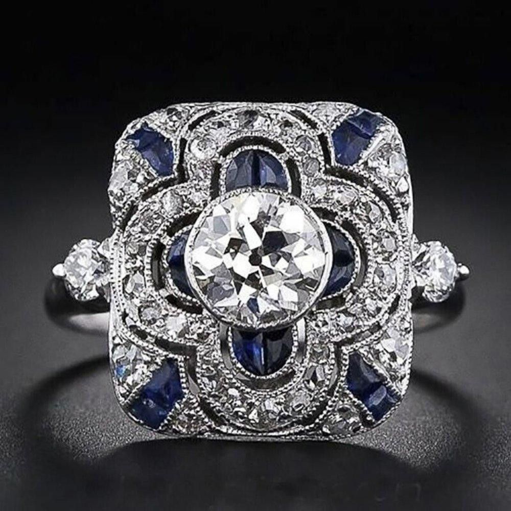 Designer 925 Sterling Silver Blue Geometric Art Deco Ring - Size 7 Size ONE SIZE - 1 Thumbnail