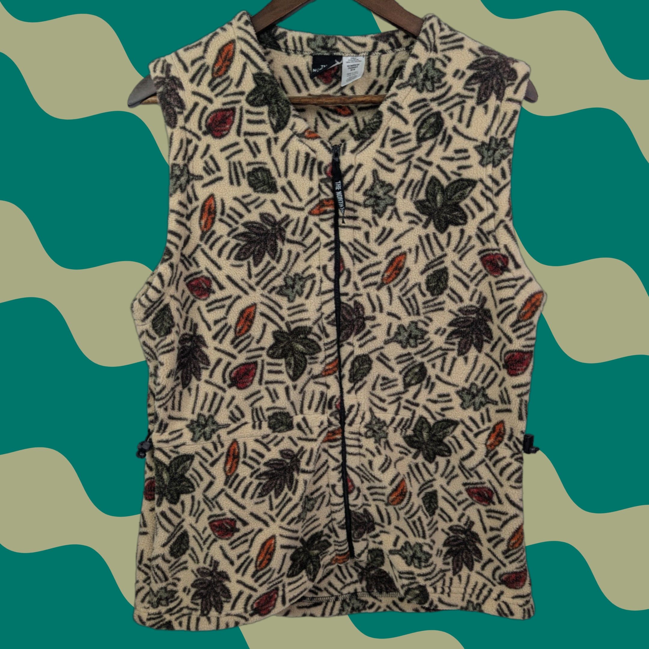 The North Face Womens Fleece Vest Medium Cream Leaf Pattern Full Zip Hip Multicolor Womens Vest 90's Vintage