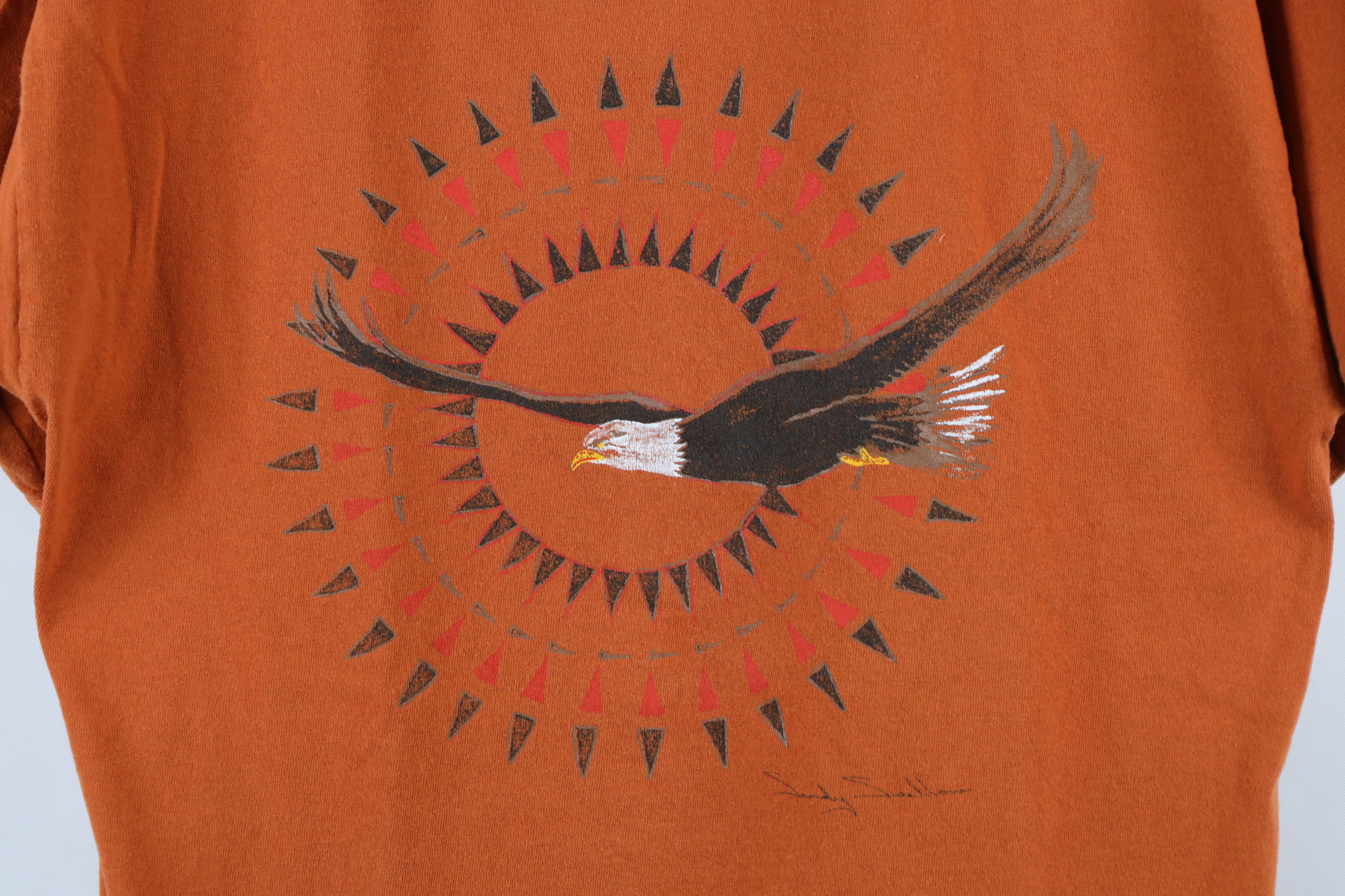 Vintage Vintage 90s Streetwear Sun Eagle Nature T-Shirt Orange Size US L / EU 52-54 / 3 - 4 Thumbnail
