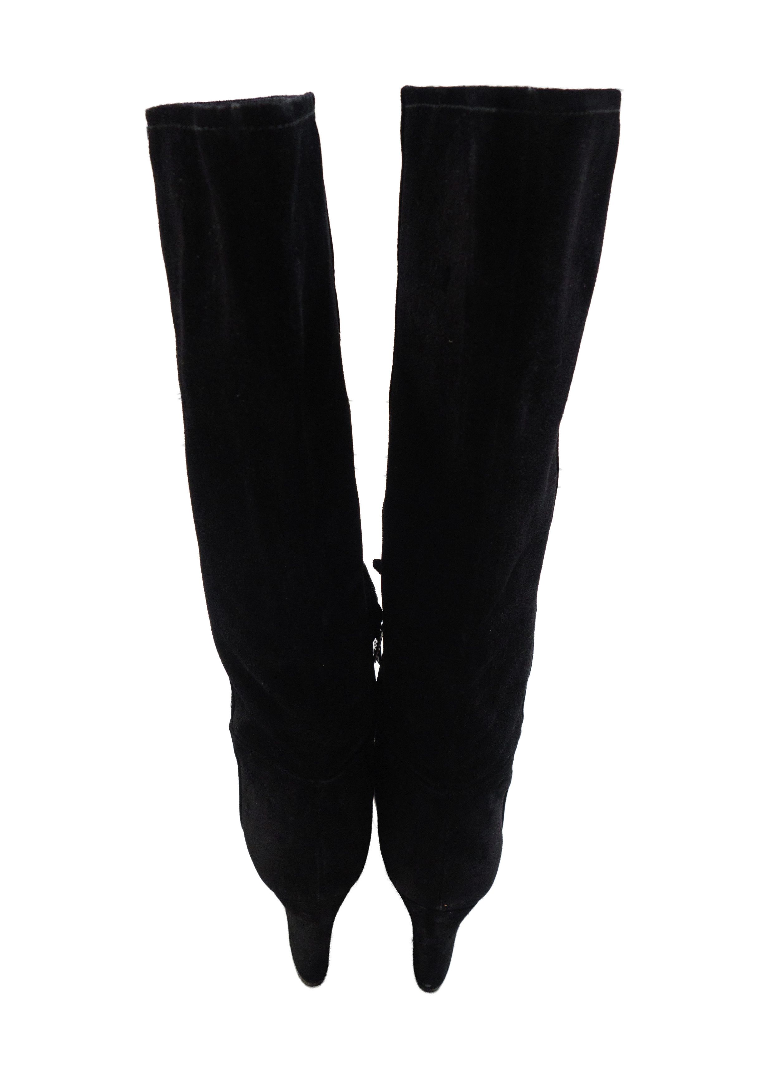 Prada 00s Suede Metal Logo Knee High Side Zip Boots Block Heel Size US 7.5 / IT 37.5 - 5 Thumbnail