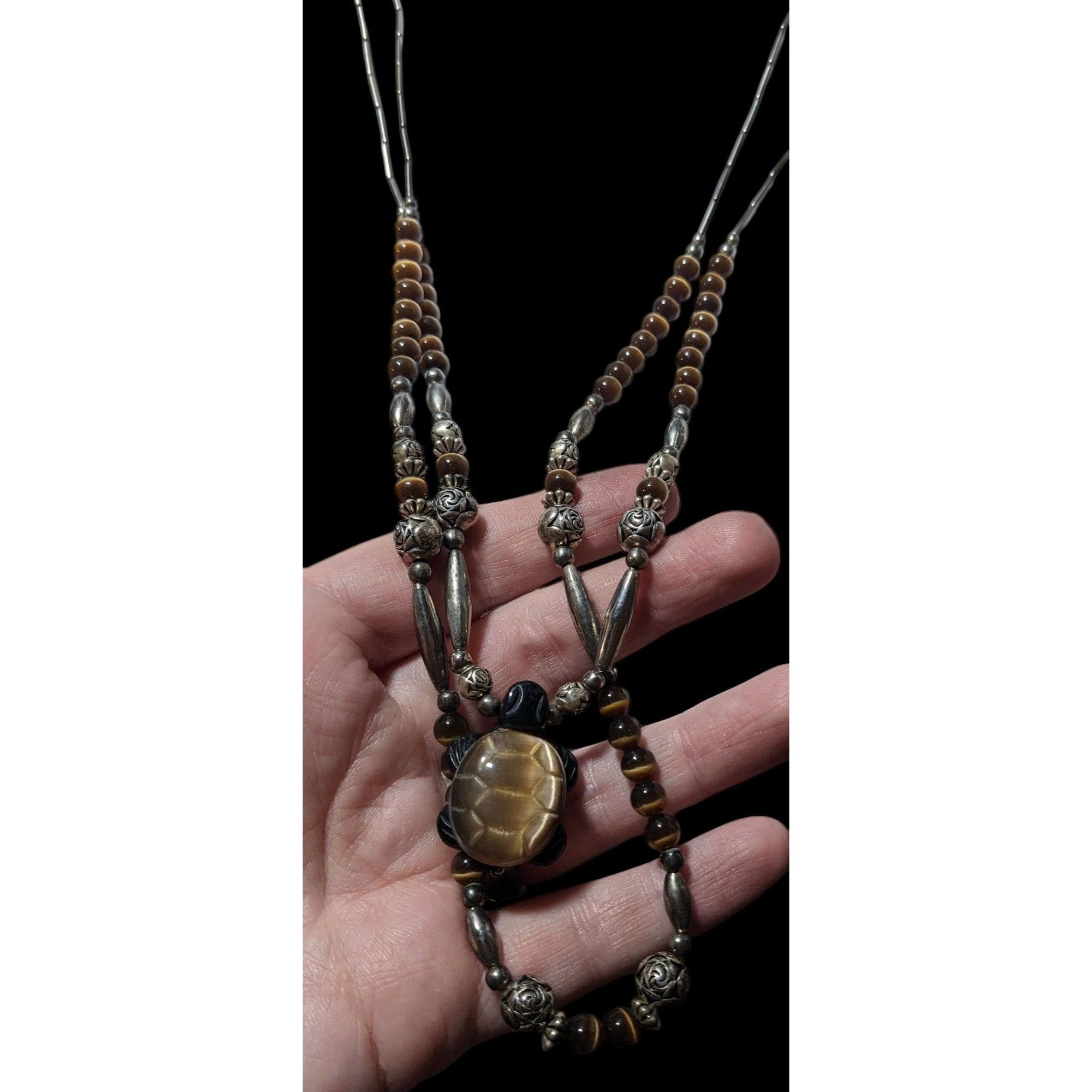 Other Vintage Liquid Silver Brown Cateye Beaded Multilayer Carved Size ONE SIZE - 4 Thumbnail
