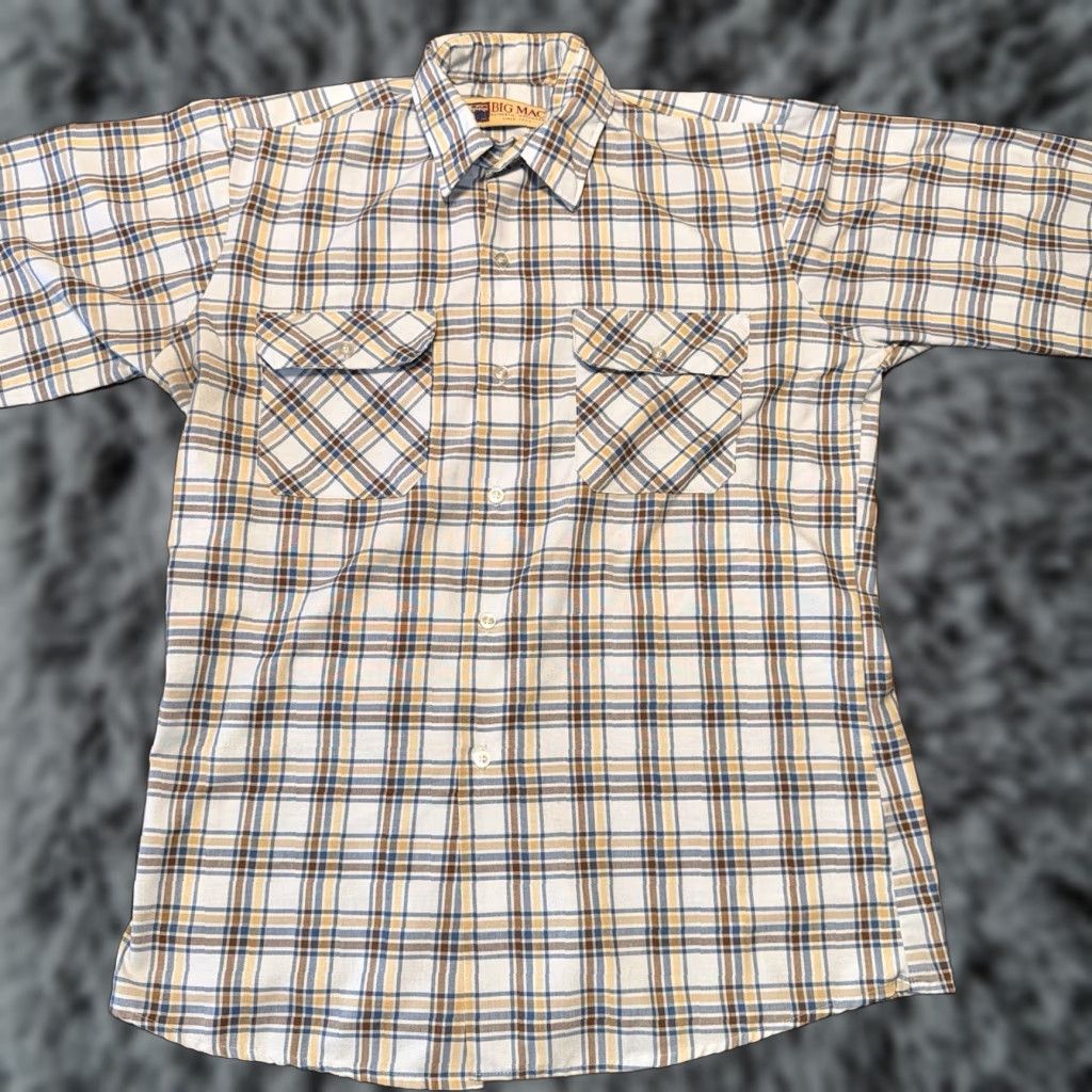 Vintage VTG Big Mac Mens XL Blue Beige Plaid 80’s Long Sleeve Button Up USA Shirt Size US XL / EU 56 / 4 - 1 Thumbnail