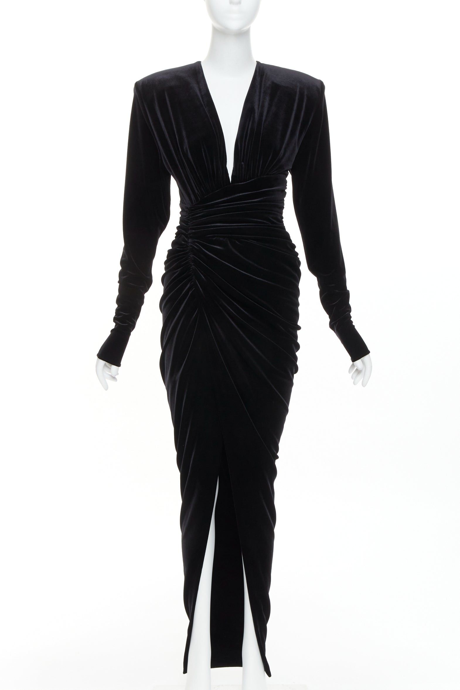 Alexandre Vauthier ALEXANDRE VAUTHIER black velvet Power shoulder padded wrap draped slit gown dress Size S / US 4 / IT 40 - 1 Thumbnail