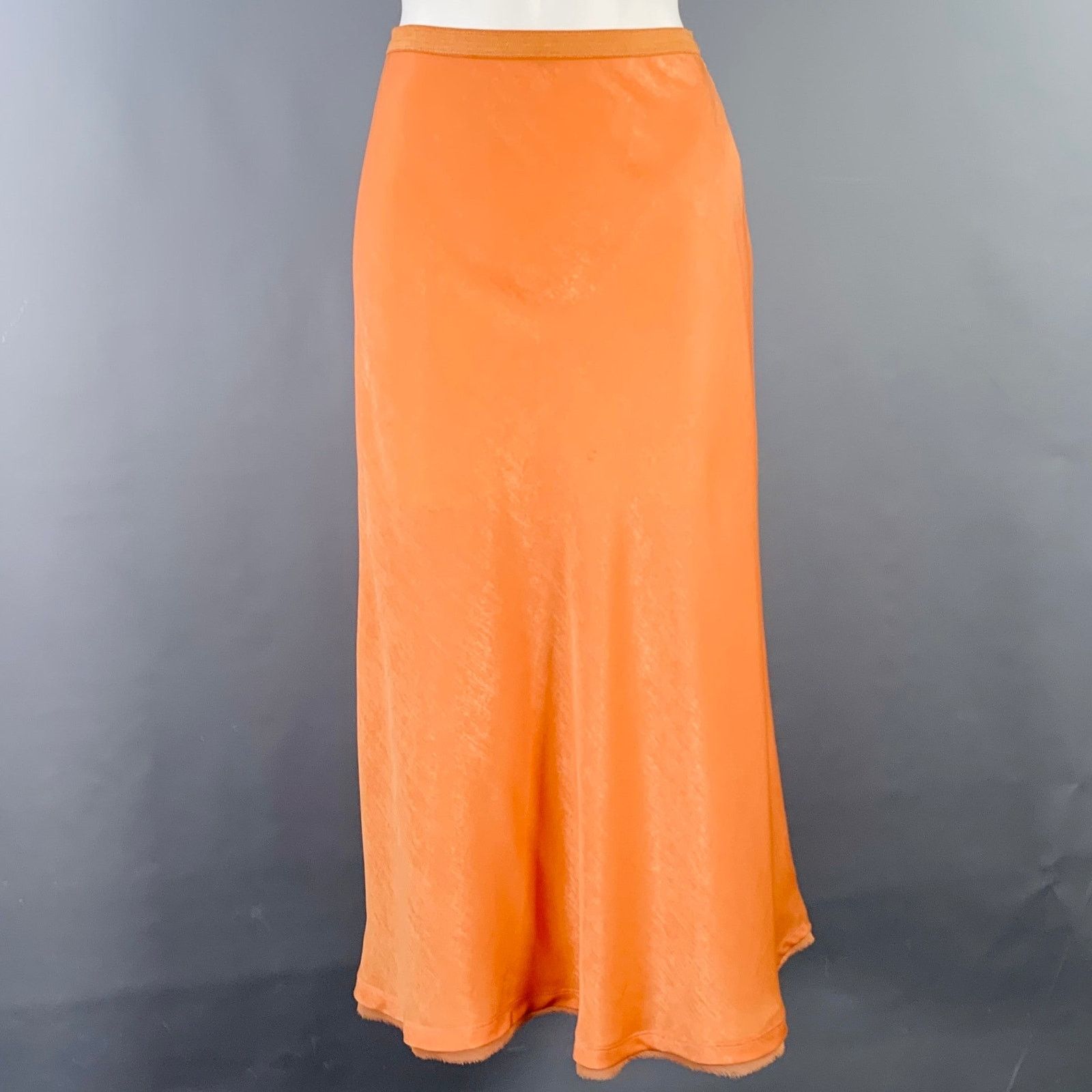 Jonathan Simkhai JONATHAN SIMKHAI Orange Coral Satin Raw Edge Midi Skirt Size 26" / US 2 / IT 38 - 1 Thumbnail