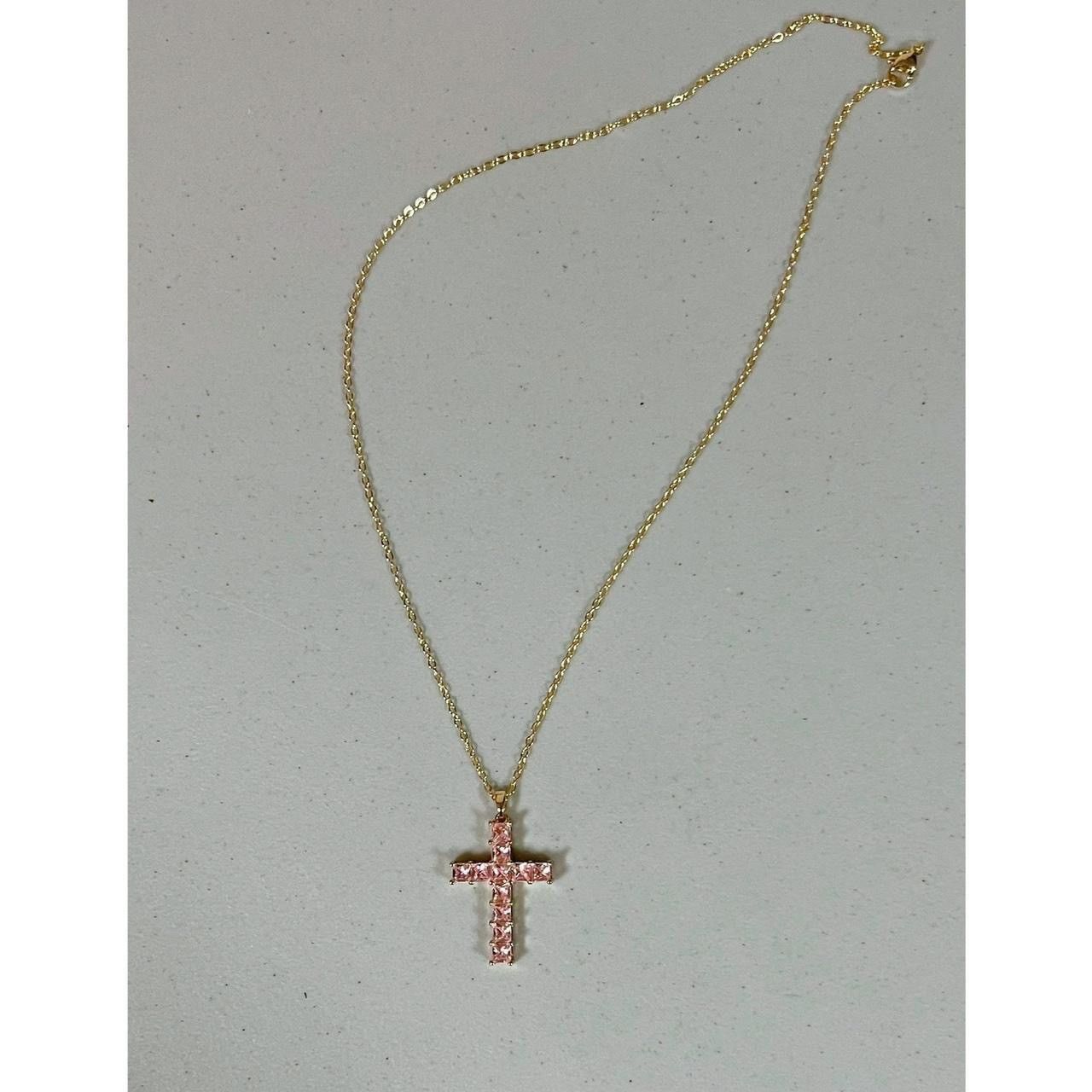 Jewelry × Vintage Gold Pink Diamond Diamonds Cross Necklace Jewelry 💖✨ Size ONE SIZE - 3 Thumbnail