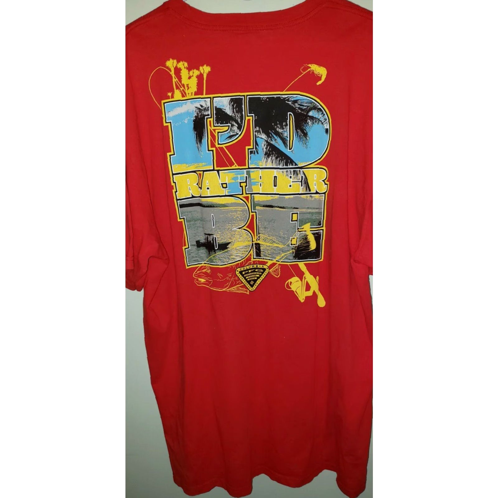 Vintage Columbia PFG Men's Red T-Shirt XLT Long Tail "I'd Rather Be Redfishing" Crew Neck Short Sleeve Cotton Logo Fishing Scene Size US XL / EU 56 / 4 - 3 Thumbnail
