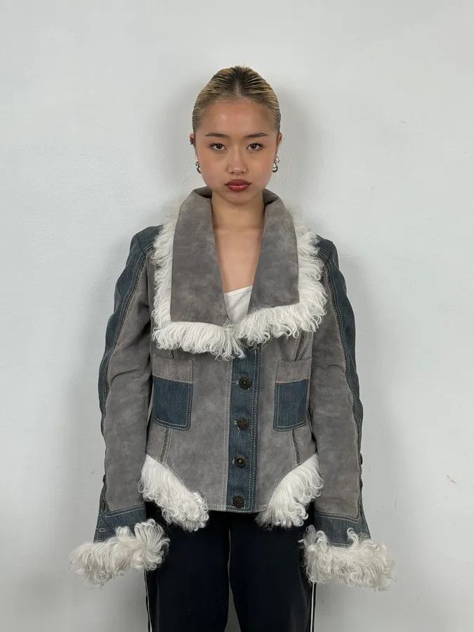 Roberto Cavalli AW2005 Cavalli Mongolian Fur Grey Leather & Blue Denim Jacket Size M / US 6-8 / IT 42-44 - 3 Thumbnail