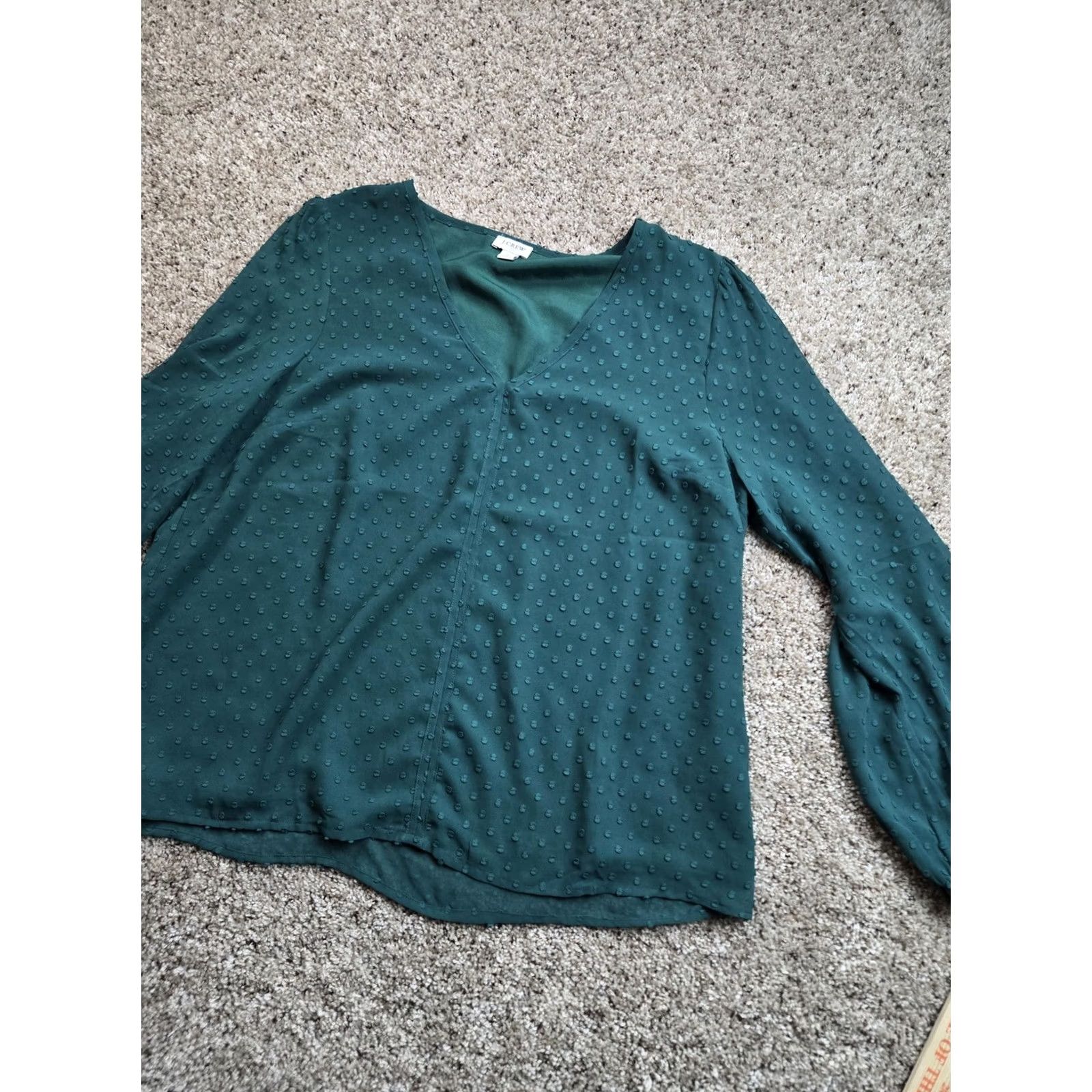 J.Crew J.Crew Blouse Womens L Green V Neck Long Sleeve Textured Polka Dot Top Size L / US 10 / IT 46 - 2 Thumbnail