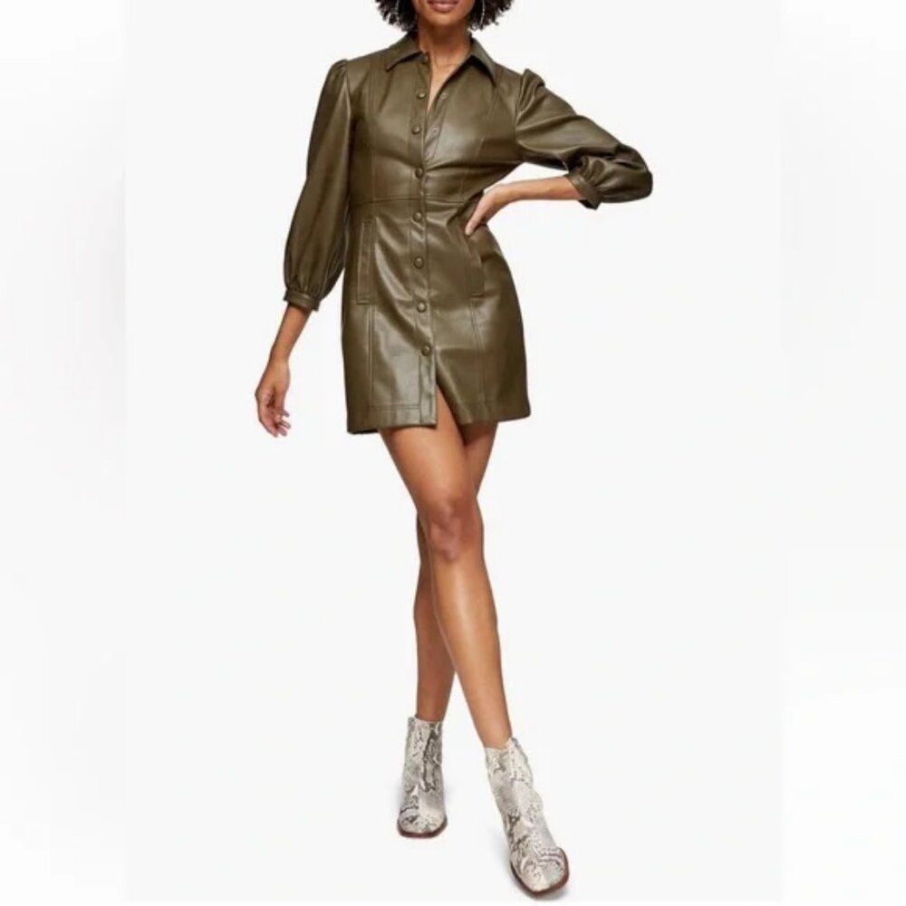 Topshop Topshop Faux Leather Olive Mini Shirtdress US 6 Size M / US 6-8 / IT 42-44 - 1 Thumbnail