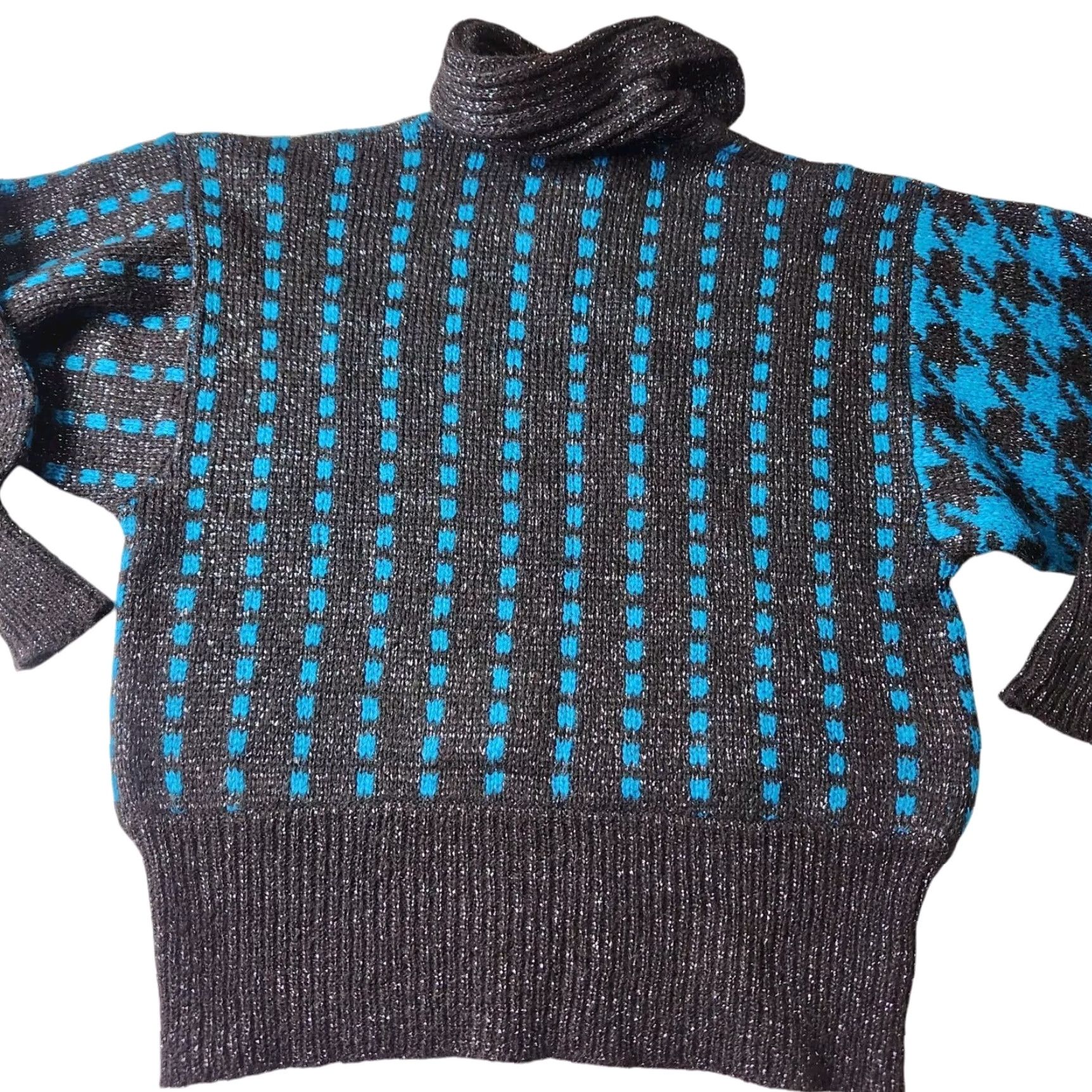 Jaeger VINTAGE Jaeger London Ski Sweater Womens Teal Houndstooth Mohair Blend 90s Cowl Neck Pullover Size L / US 10 / IT 46 - 6 Thumbnail