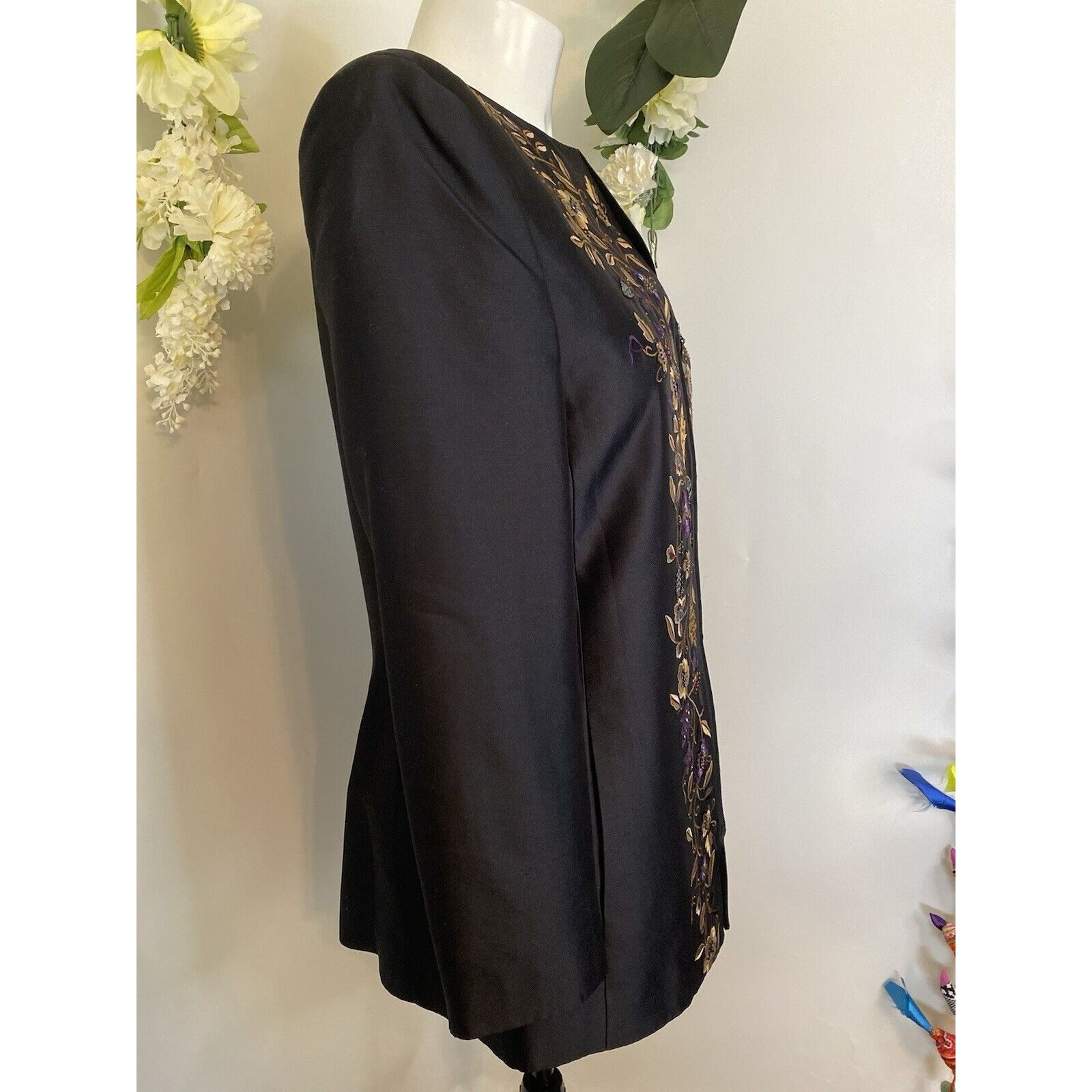 Vintage Dana Buchman Vintage Silk Jacket Long 90s Floral Embroidered Size S / US 4 / IT 40 - 21 Thumbnail