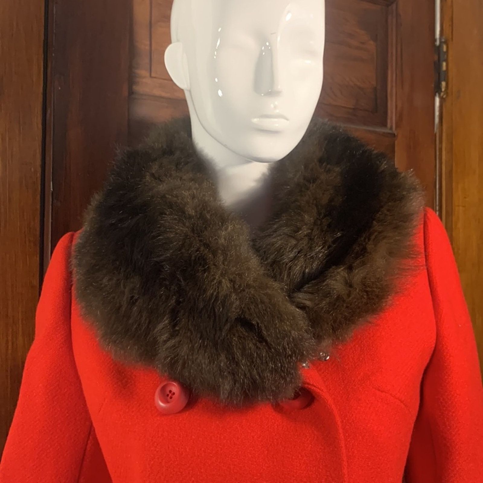 60’s Townley retro chic red wool coatmink collar cuffs