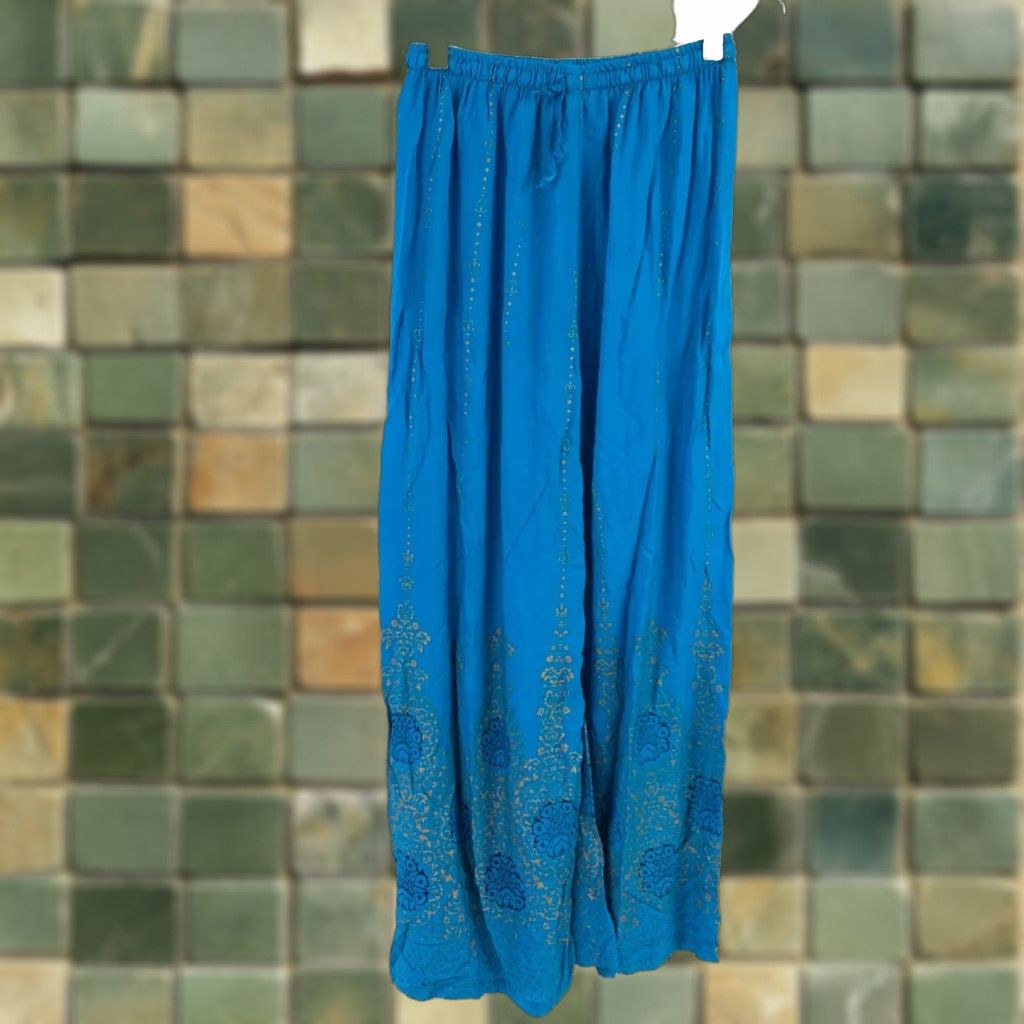 Vintage Vintage Harem Pants Wide-Leg Pants Women's M Blue Rayon Elastic Waist 11in 25.5in Inseam Hippie Casual Travel Gaucho Summer Spring Fall Floral Pants Size 32" / US 10 / IT 46 - 1 Thumbnail